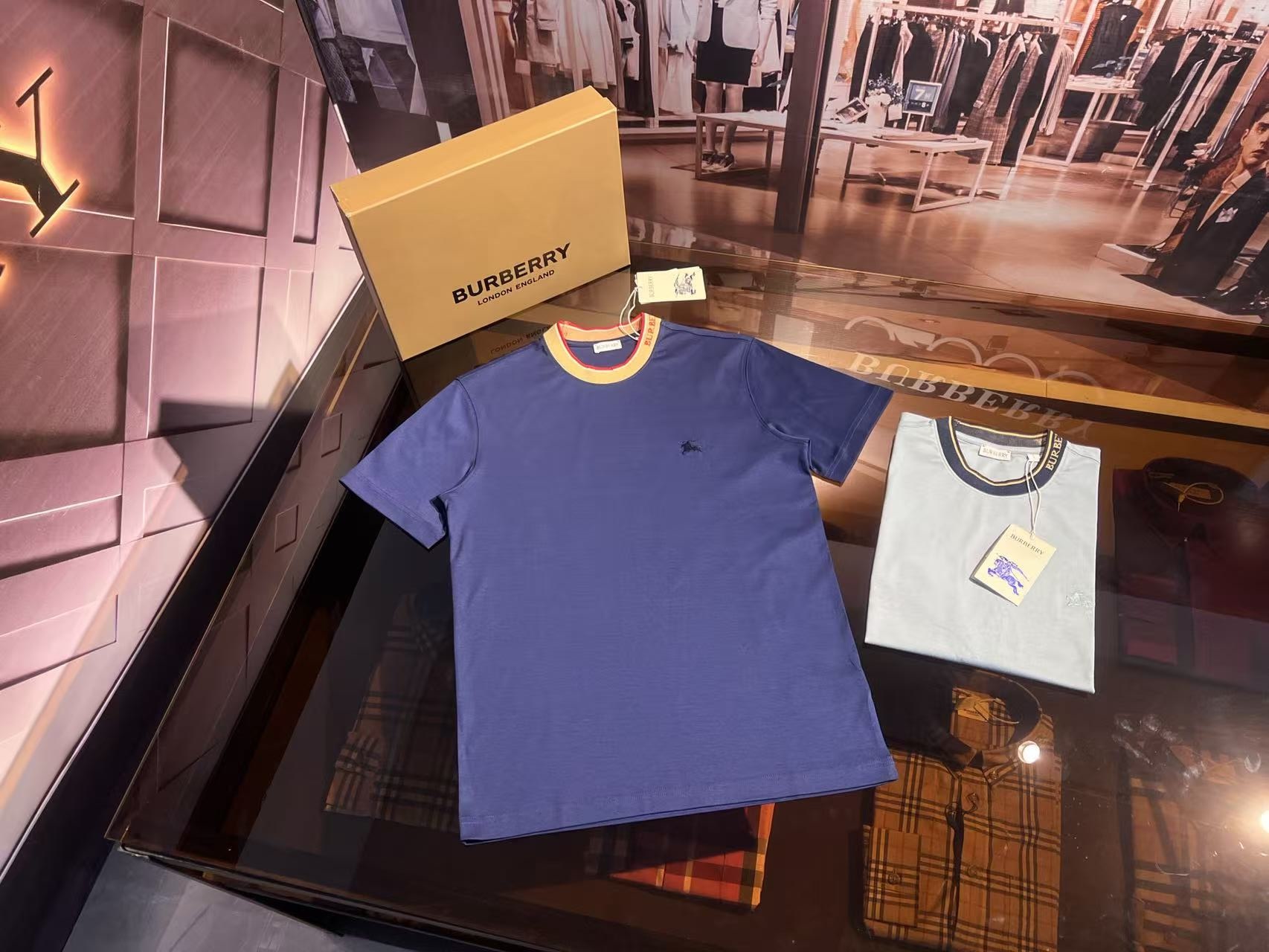 Burberry Navy Cotton T-Shirt with Check Trim Crewneck - Casual Fit 3 i1748693574117 3894 0 2