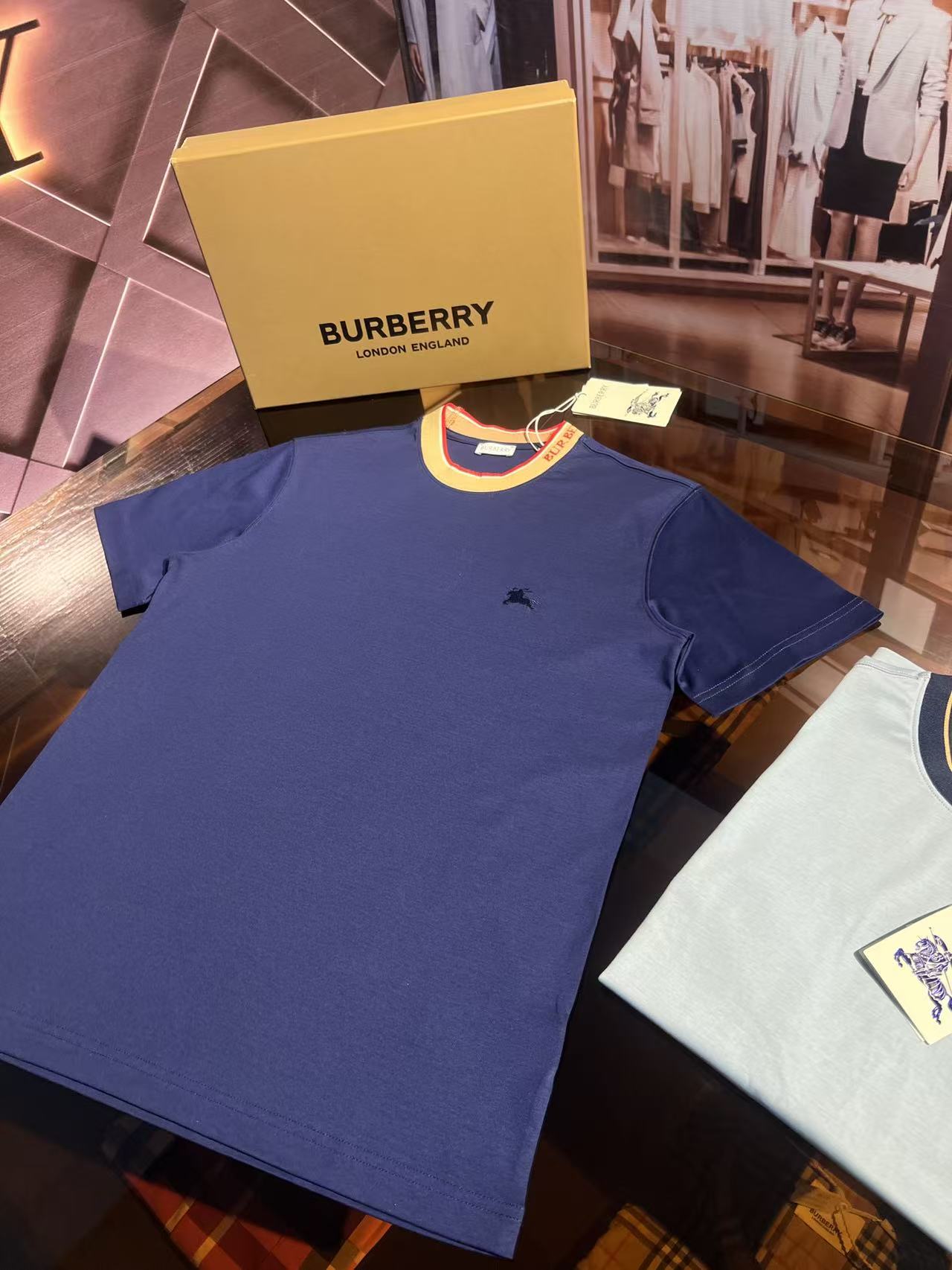Burberry Navy Cotton T-Shirt with Check Trim Crewneck - Casual Fit 4 i1748693574117 5207 0 4
