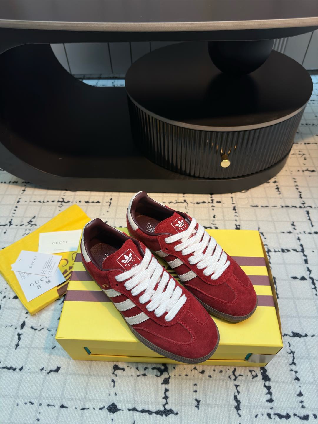 Gucci x Adidas Round-Toe Lace-Up Sneakers Burgundy Suede 1 Gucci x Adidas Round-Toe Lace-Up Sneakers Burgundy Suede