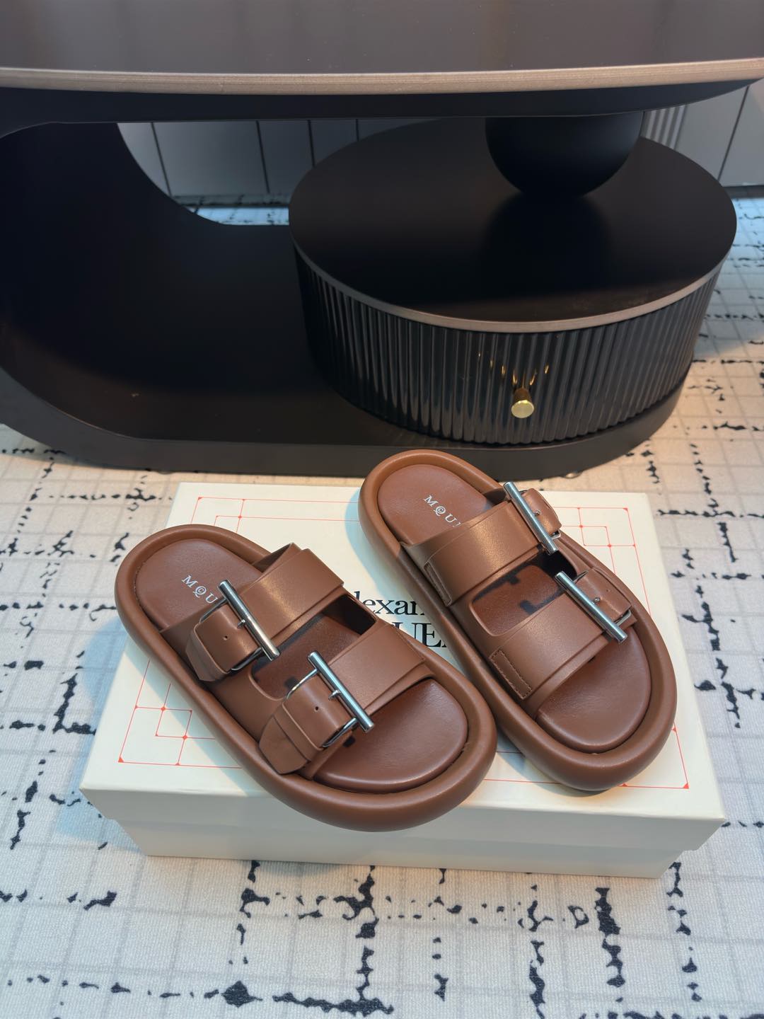 Alexander McQueen Women's Brown Leather Buckle Platform Slide Sandals 1 Alexander McQueen Women's Brown Leather Buckle Platform Slide Sandals