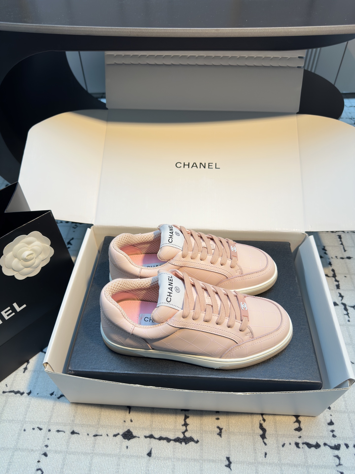 Chanel Women's Pink Leather Lace-Up Sneakers, Comfortable & Breathable 7 i1742475106041 5899 0 5