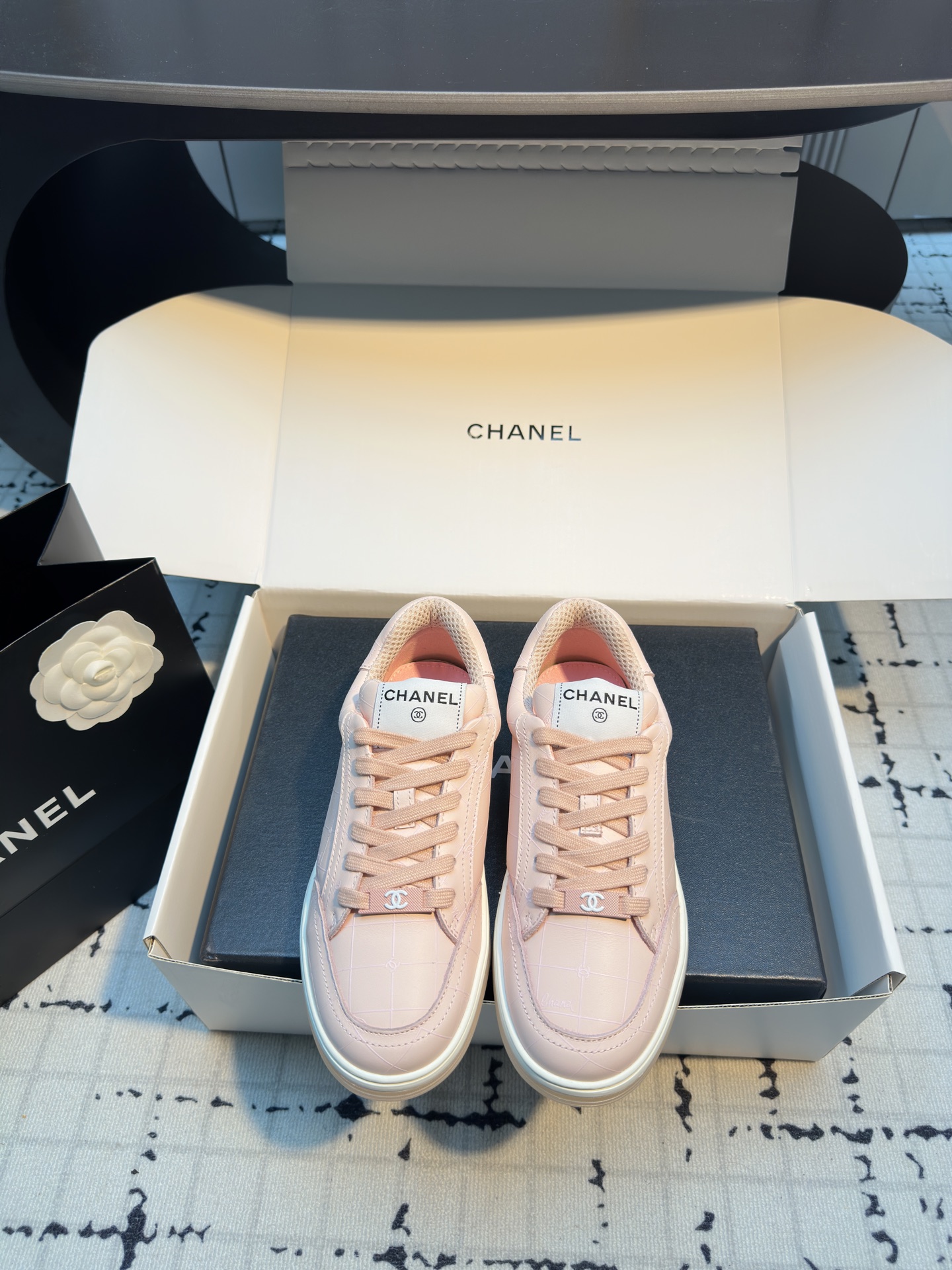 Chanel Women's Pink Leather Lace-Up Sneakers, Comfortable & Breathable 3 i1742475106102 458 0 0