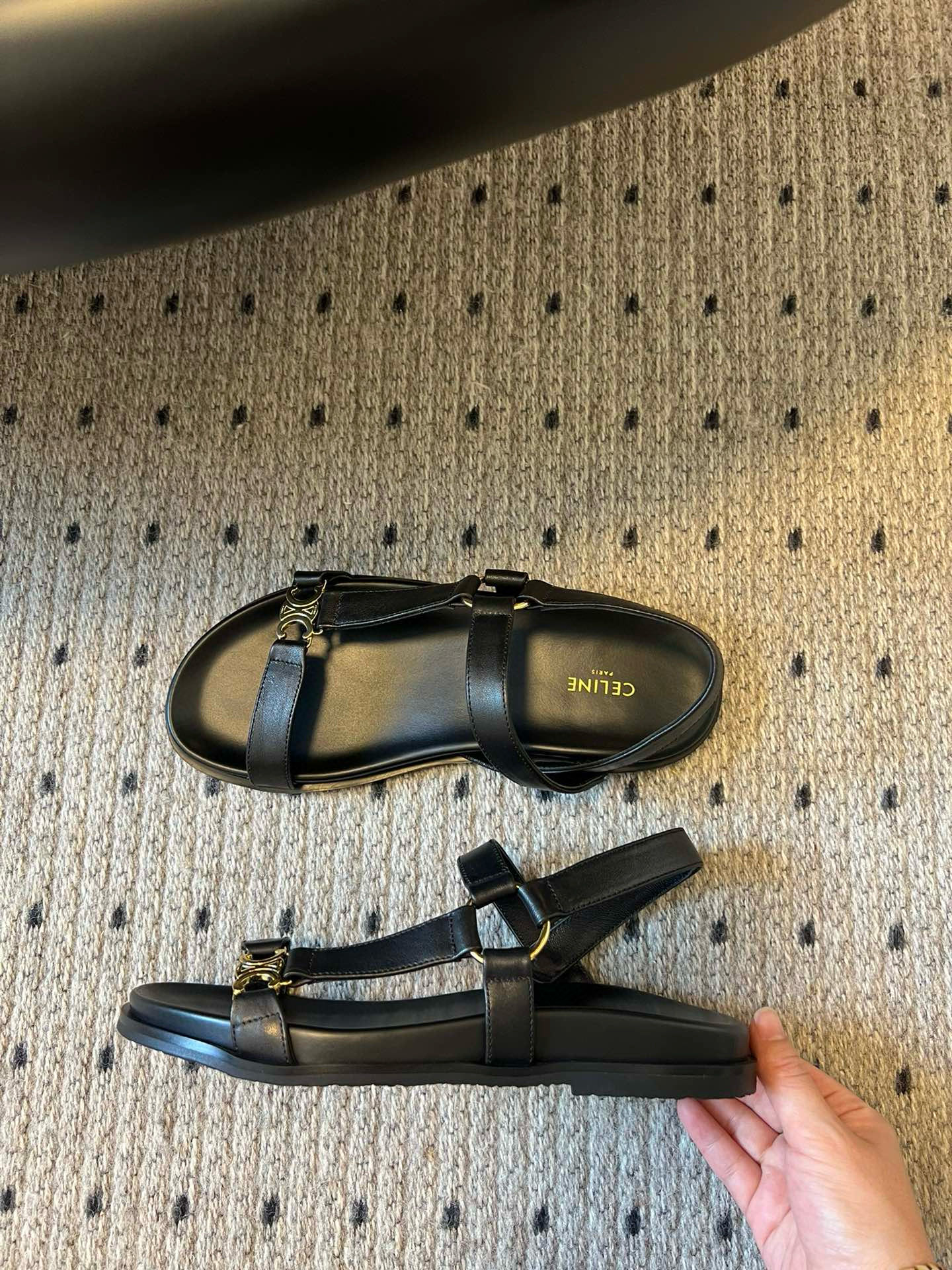 Celine Triomphe Black Leather Heeled Sandals Summer Beach Casual Shoes