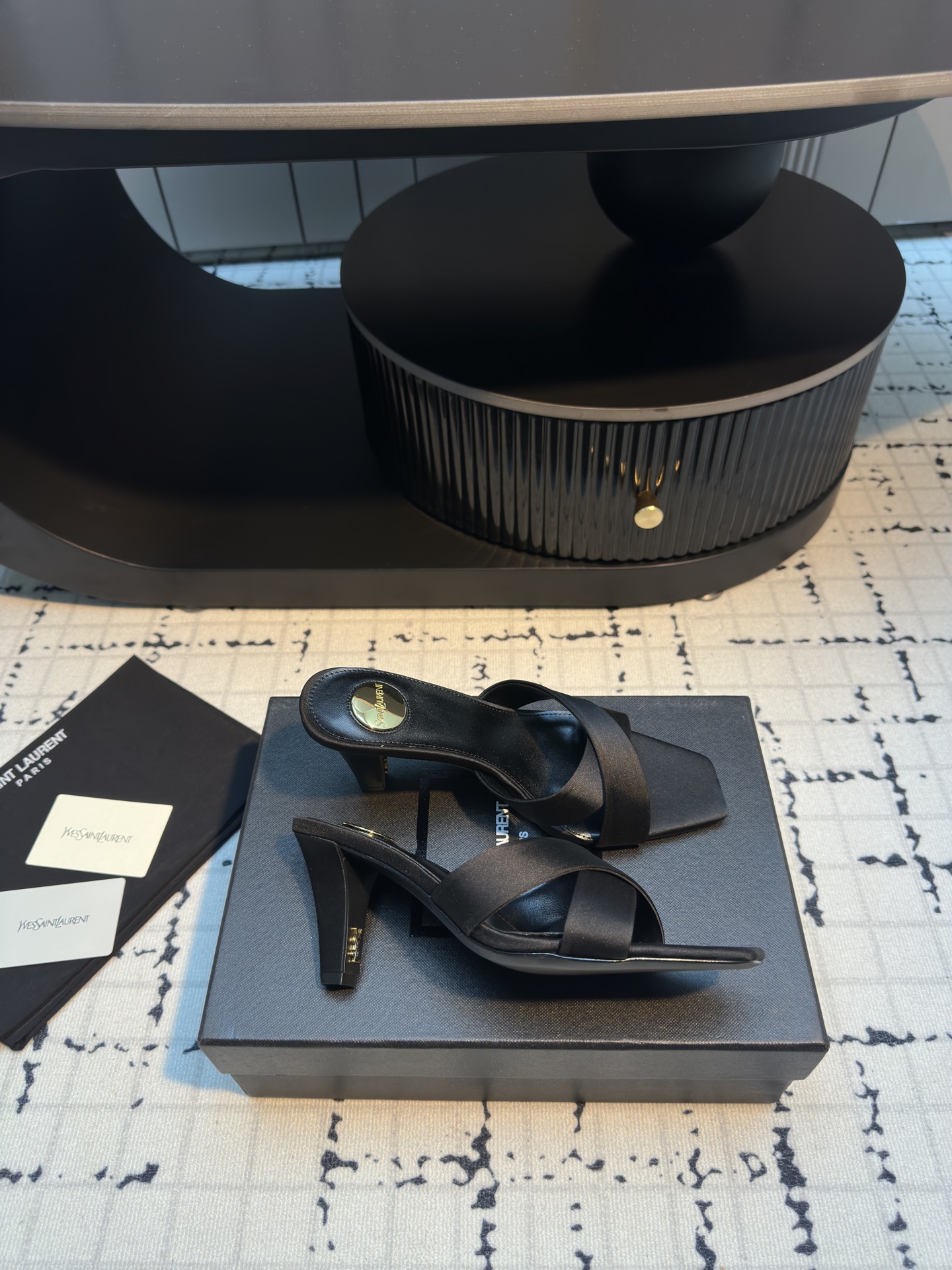 Yves Saint Laurent Women's Black Silk Crisscross Heeled Sandals, Size 35-39 1 Yves Saint Laurent Women's Black Silk Crisscross Heeled Sandals, Size 35-39