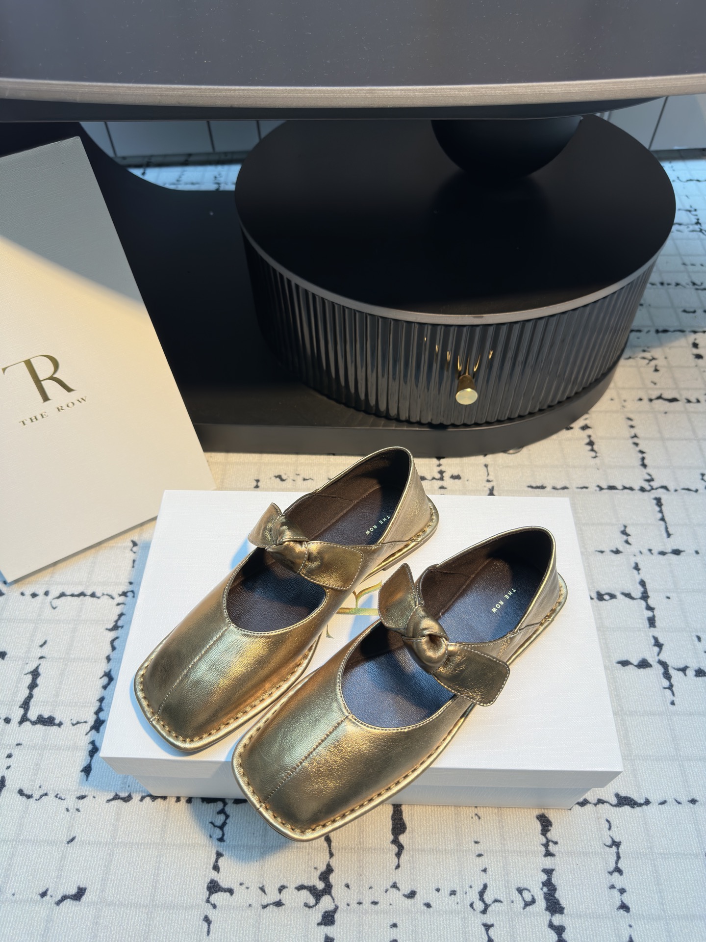 The Row Women's Gold Leather Square Toe Mary Jane Ballet Flats 4 i1746610430458 5807 0 2