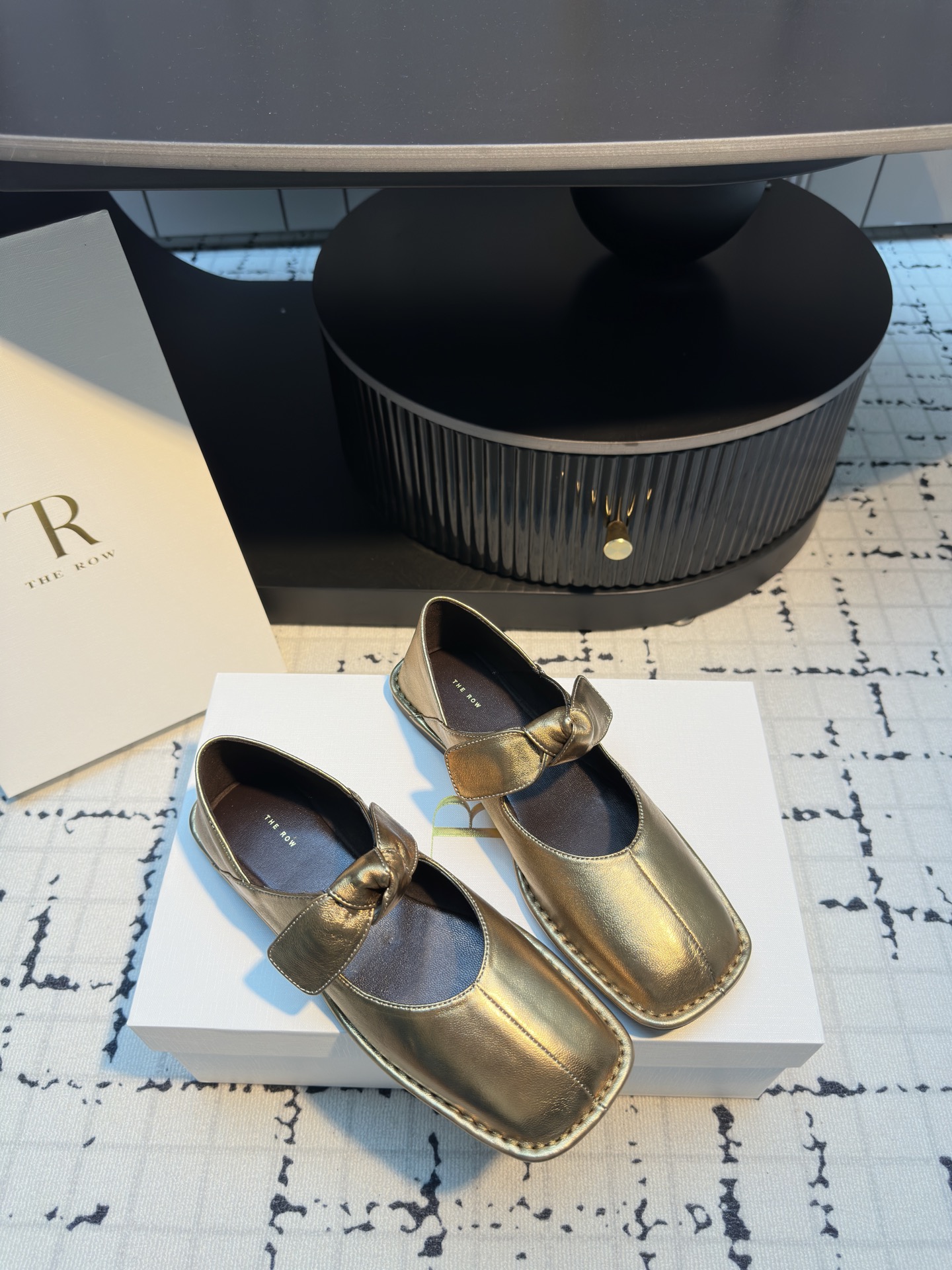 The Row Women's Gold Leather Square Toe Mary Jane Ballet Flats 1 The Row Women's Gold Leather Square Toe Mary Jane Ballet Flats