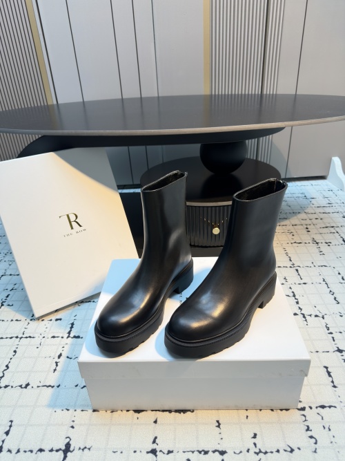 The Row Leather Ankle Boots, French Retro Square Toe, Minimalist Style 1 The Row Leather Ankle Boots, French Retro Square Toe, Minimalist Style