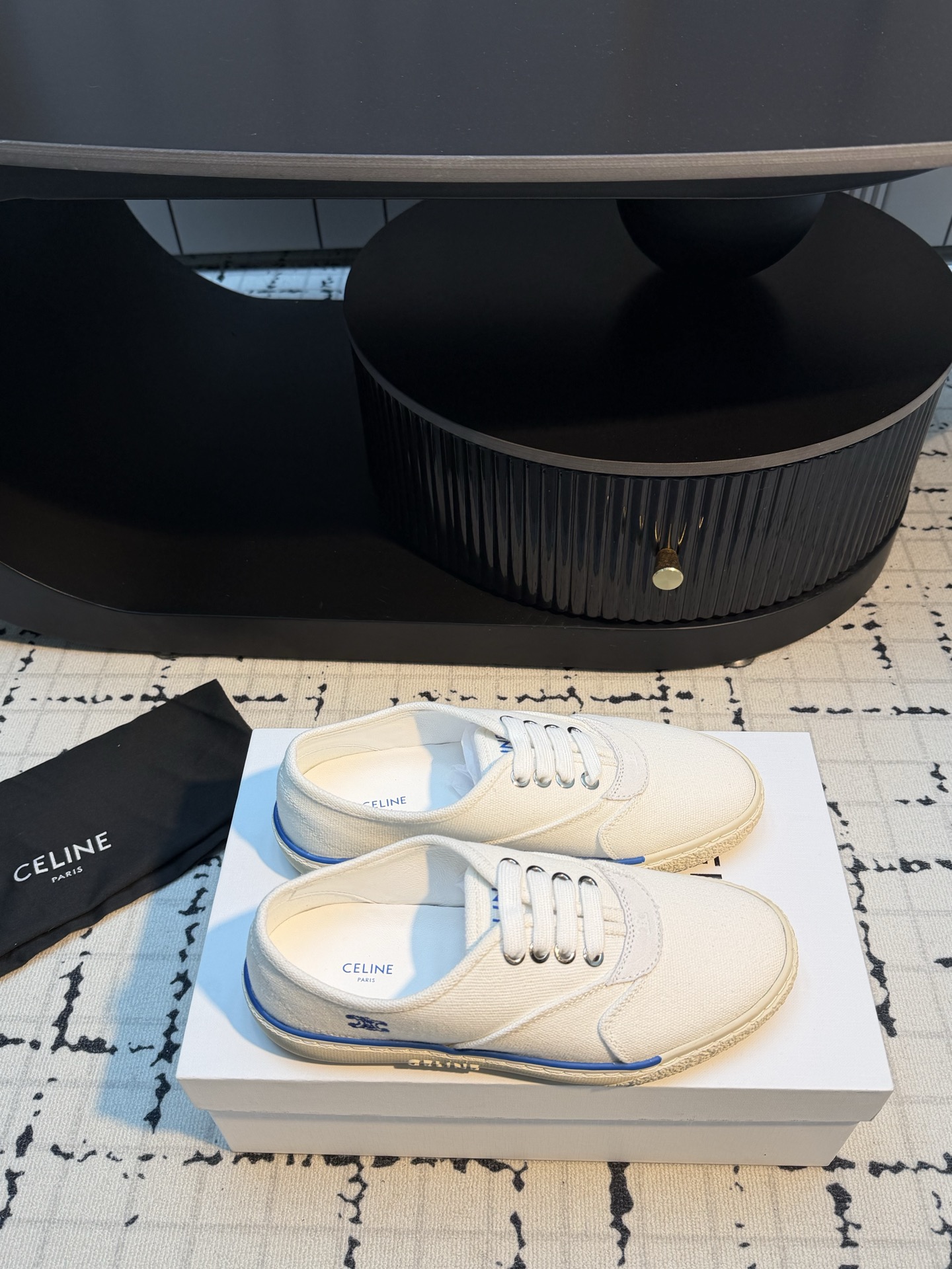 Celine White Canvas Sneakers Blue Side Stripes