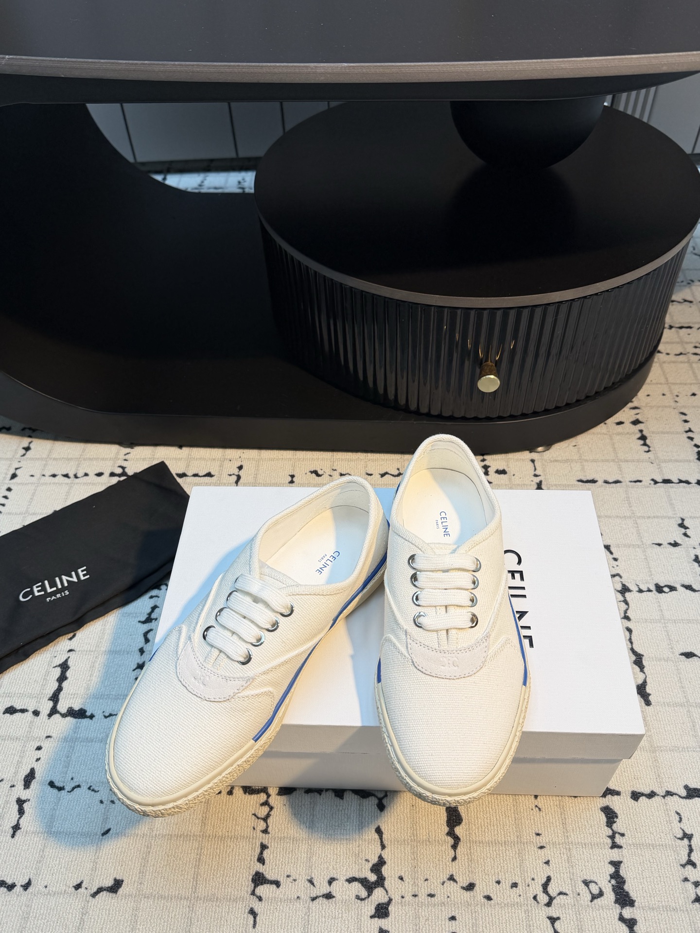Celine White Canvas Sneakers Blue Side Stripes