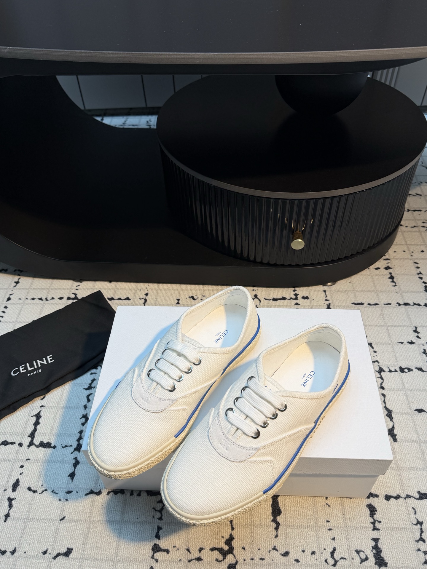 Celine White Canvas Sneakers Blue Side Stripes