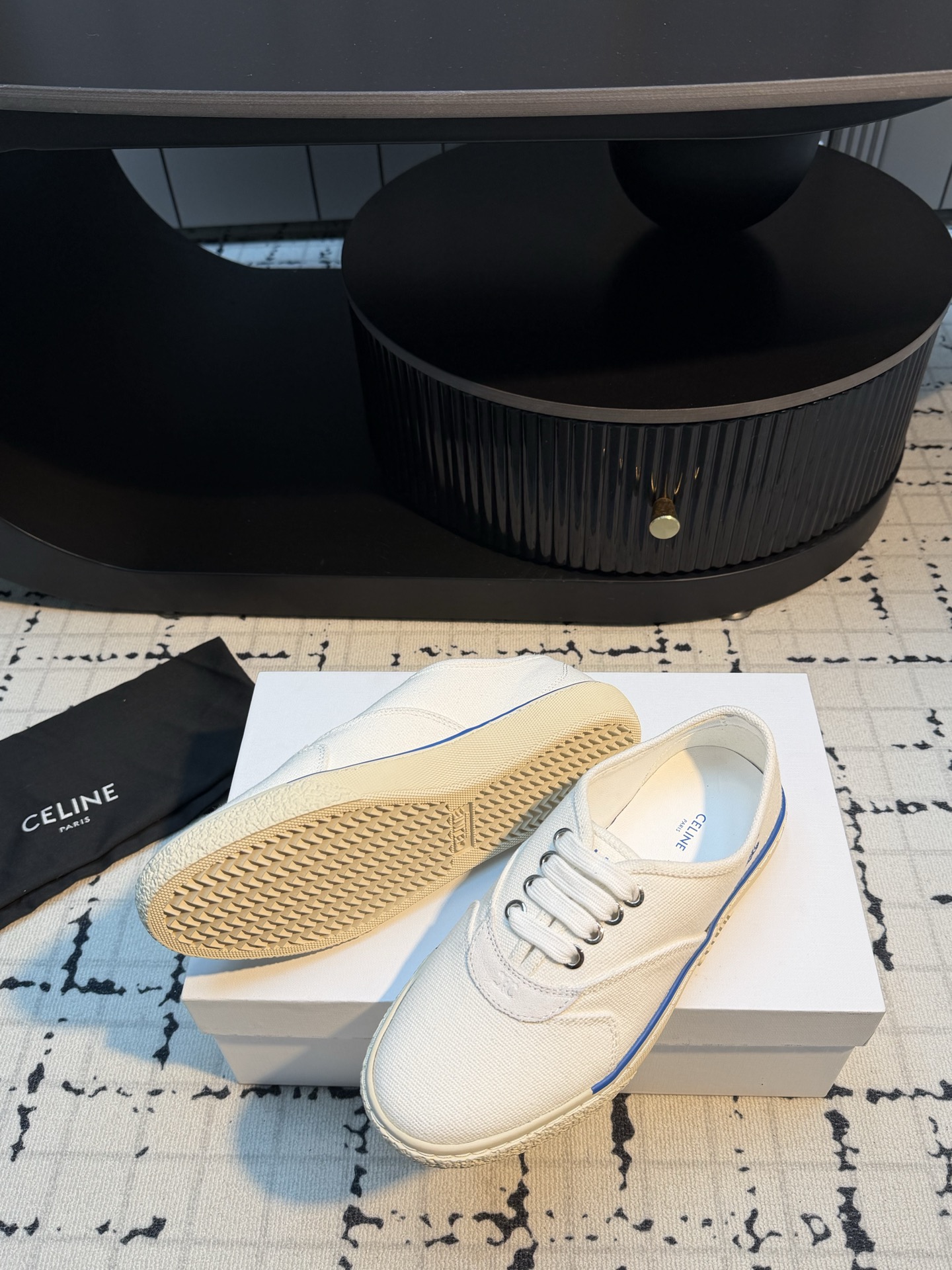 Celine White Canvas Sneakers Blue Side Stripes