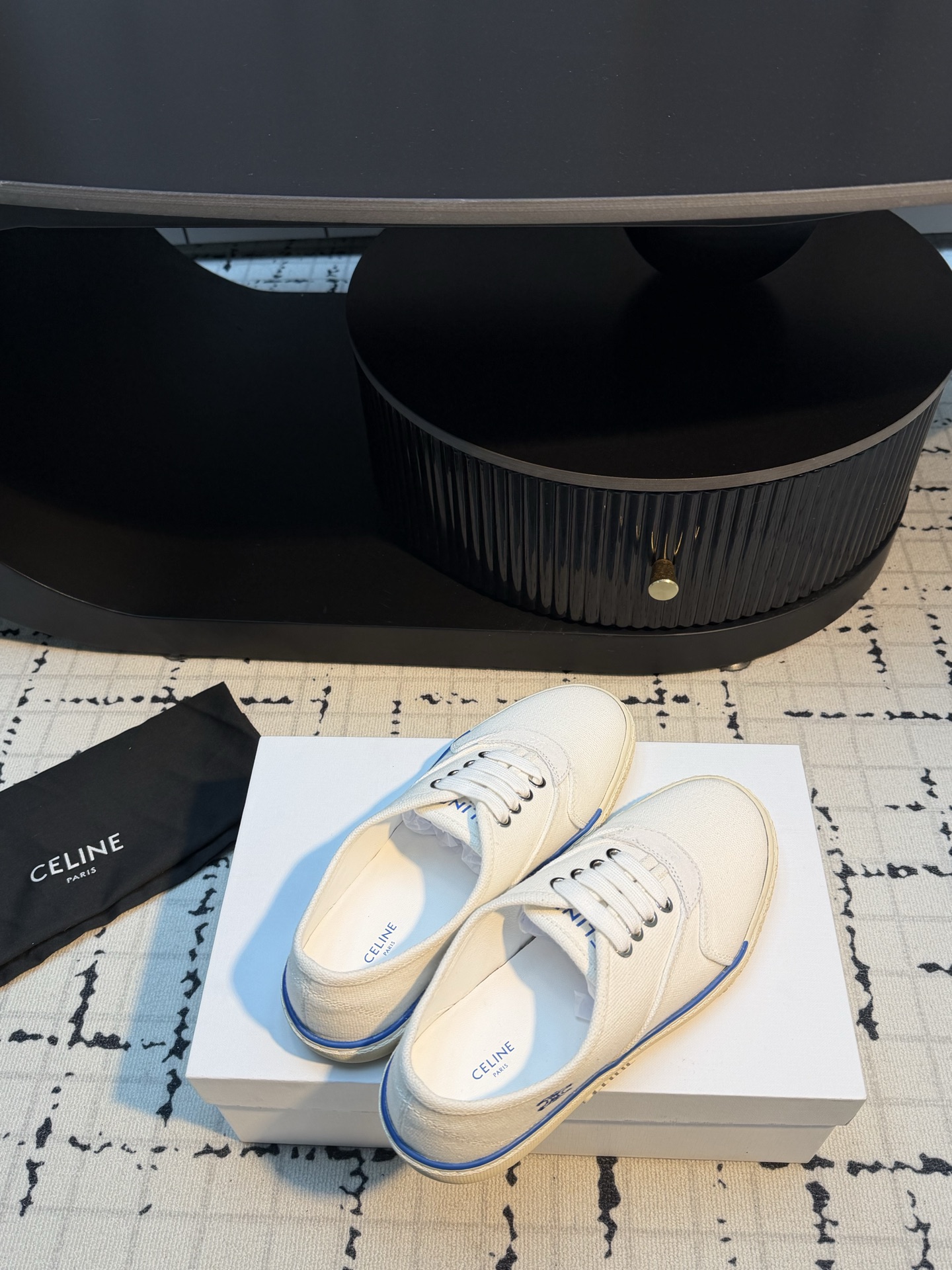 Celine White Canvas Sneakers Blue Side Stripes