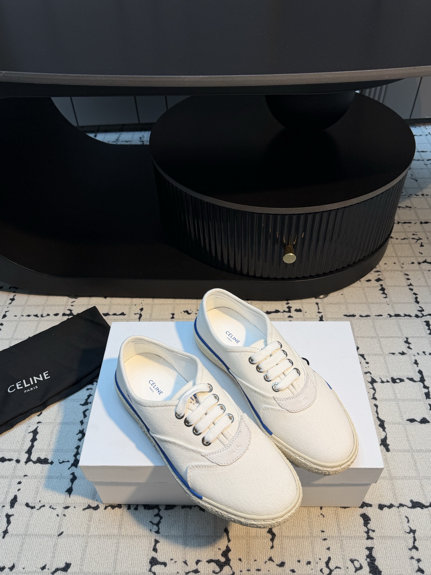 Celine White Canvas Sneakers Blue Side Stripes