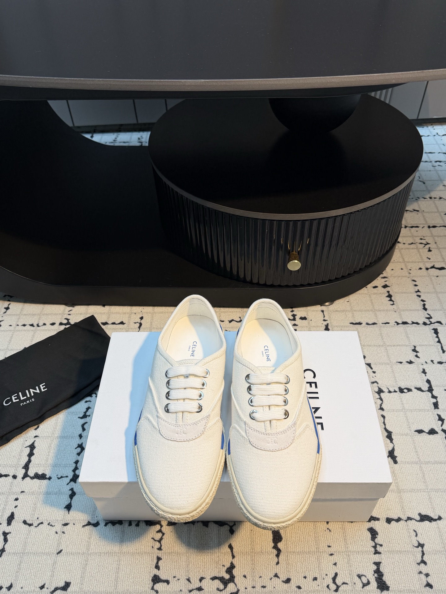 Celine White Canvas Sneakers Blue Side Stripes