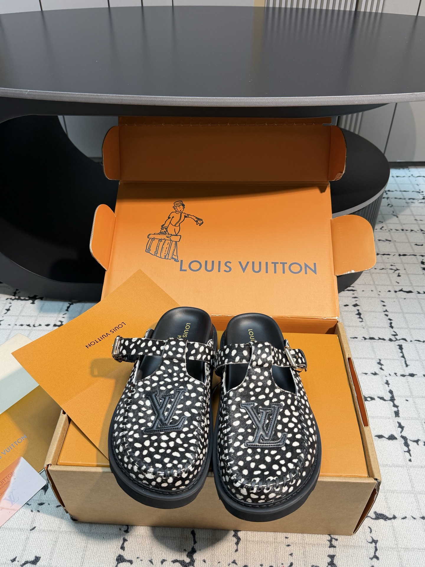 Louis Vuitton Black Silver Studded Buckle Clogs