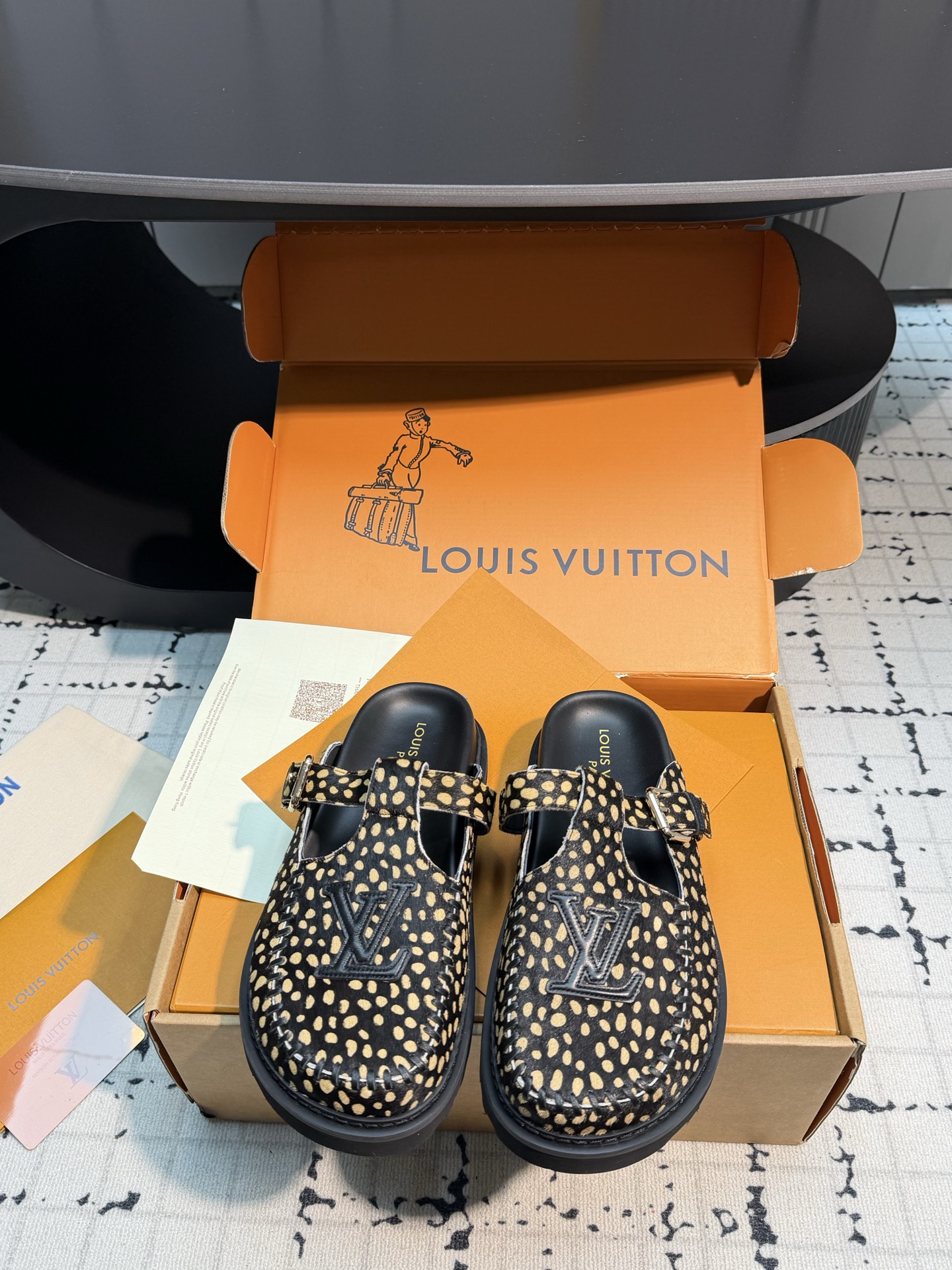 Louis Vuitton Black Gold Studded Buckle Clogs