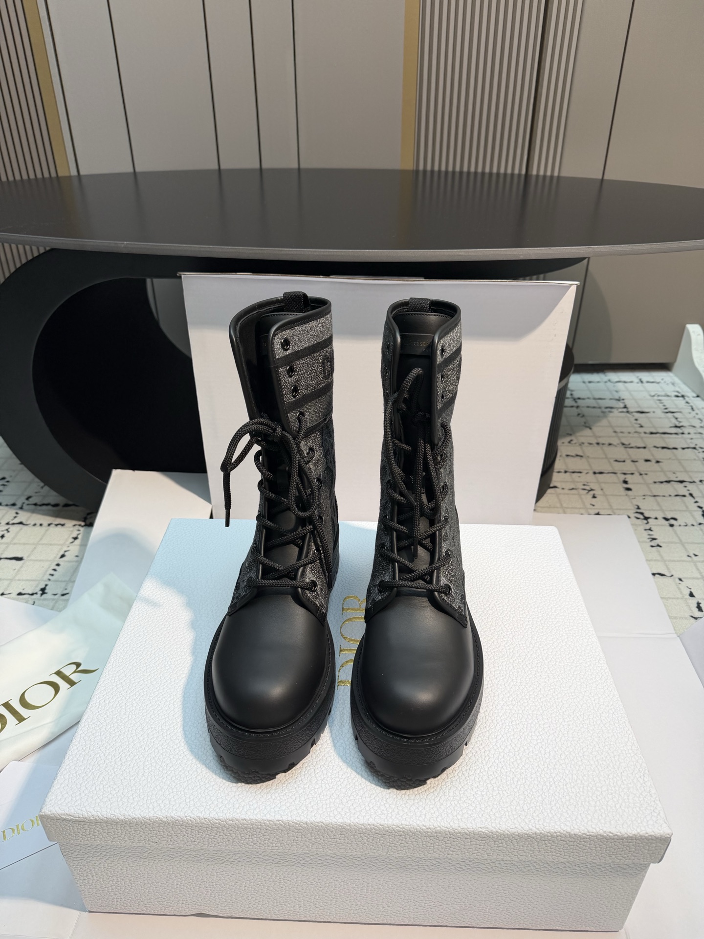 Dior Black Patterned Lace-Up Mid-Calf Boots