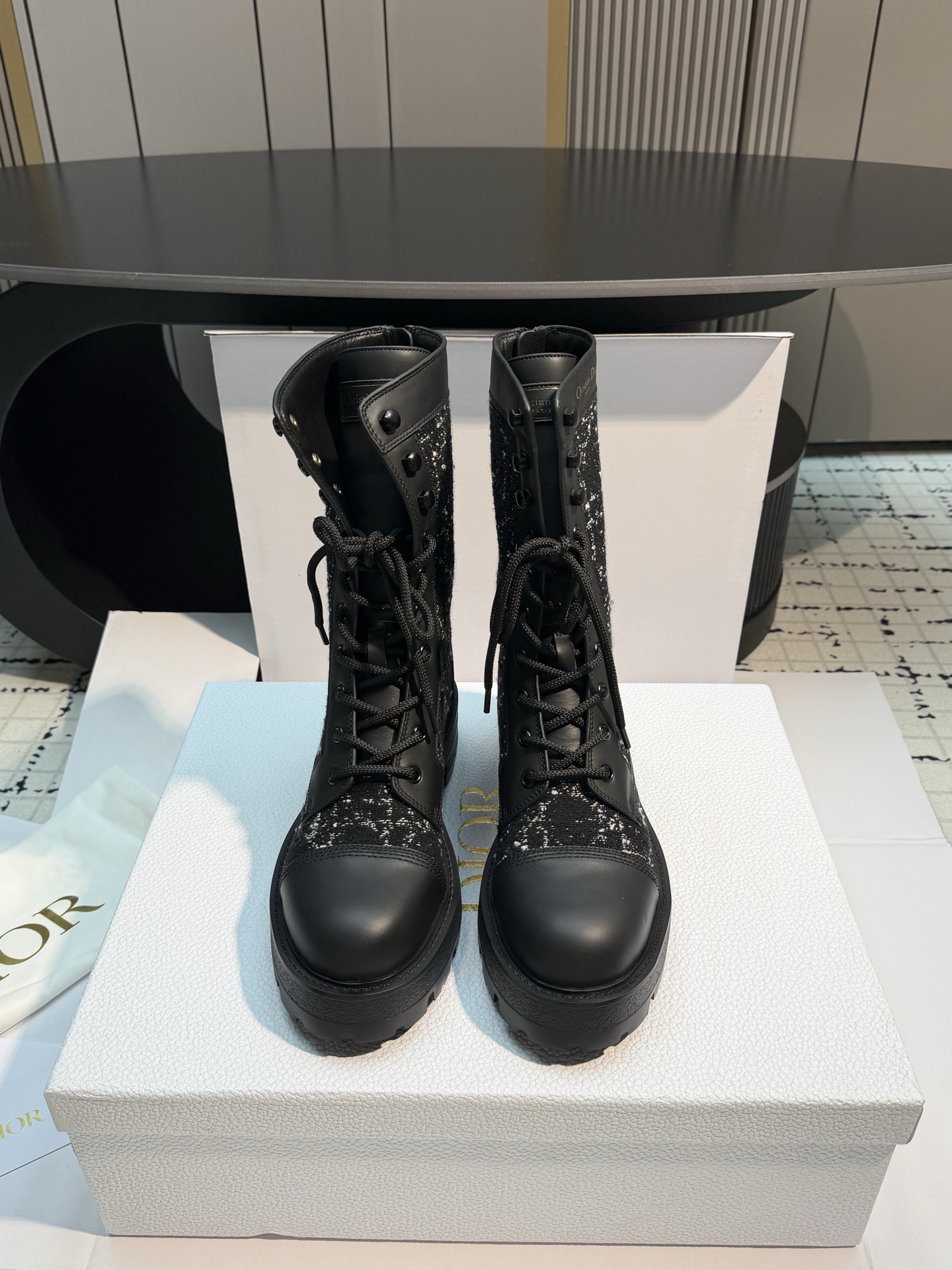 Dior Black Patterned Lace-Up Mid-Calf Boots