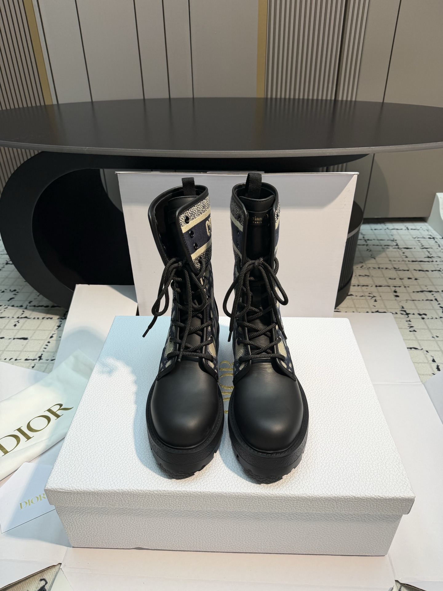 Dior Black Lace-Up Mid-Calf Boots