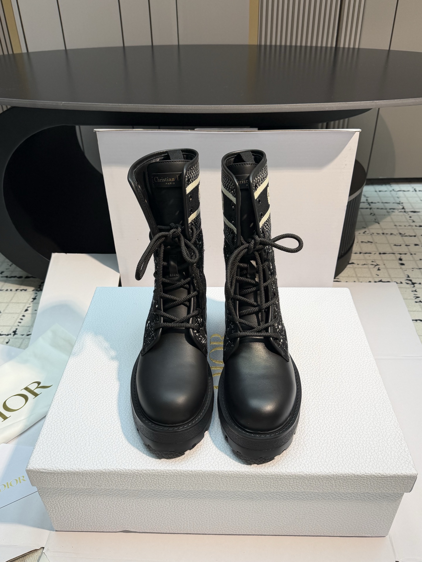Dior Black Lace-Up Mid-Calf Boots