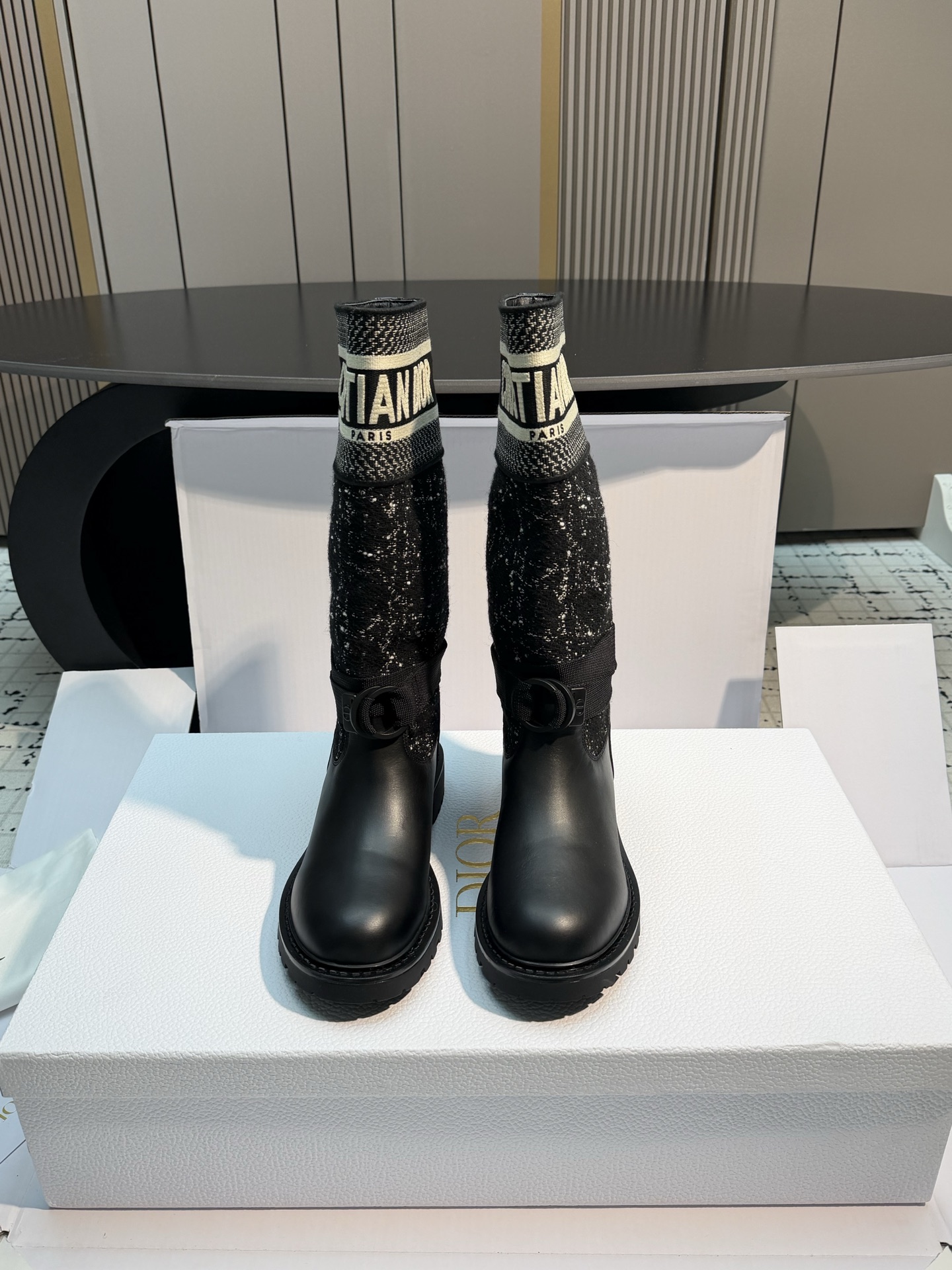 Dior Black Patterned Buckle Tall Boots