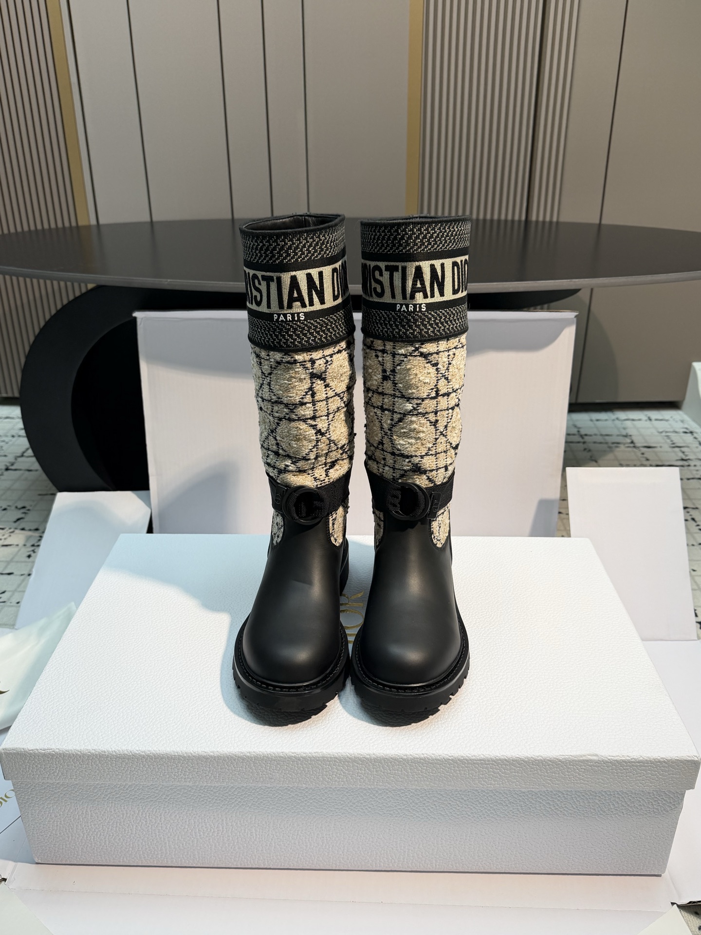 Dior Beige Monogram Buckle Tall Boots
