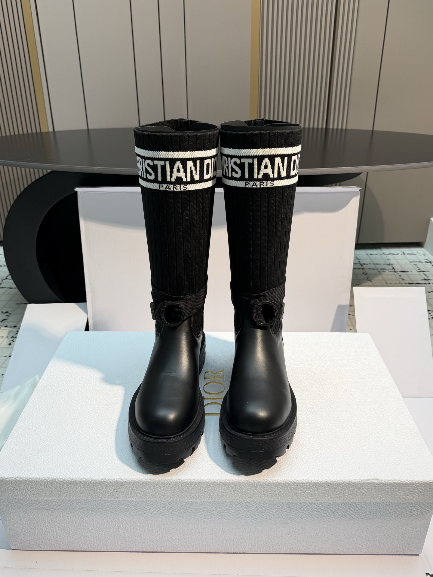 Dior Black Logo Buckle Tall Boots