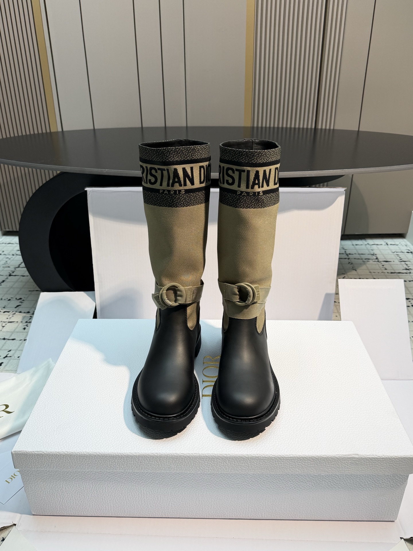 Dior Beige Black Logo Buckle Tall Boots