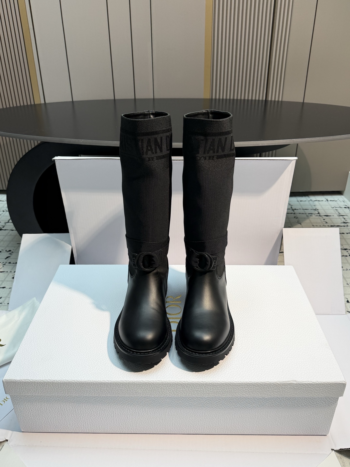 Dior Black Logo Buckle Tall Boots