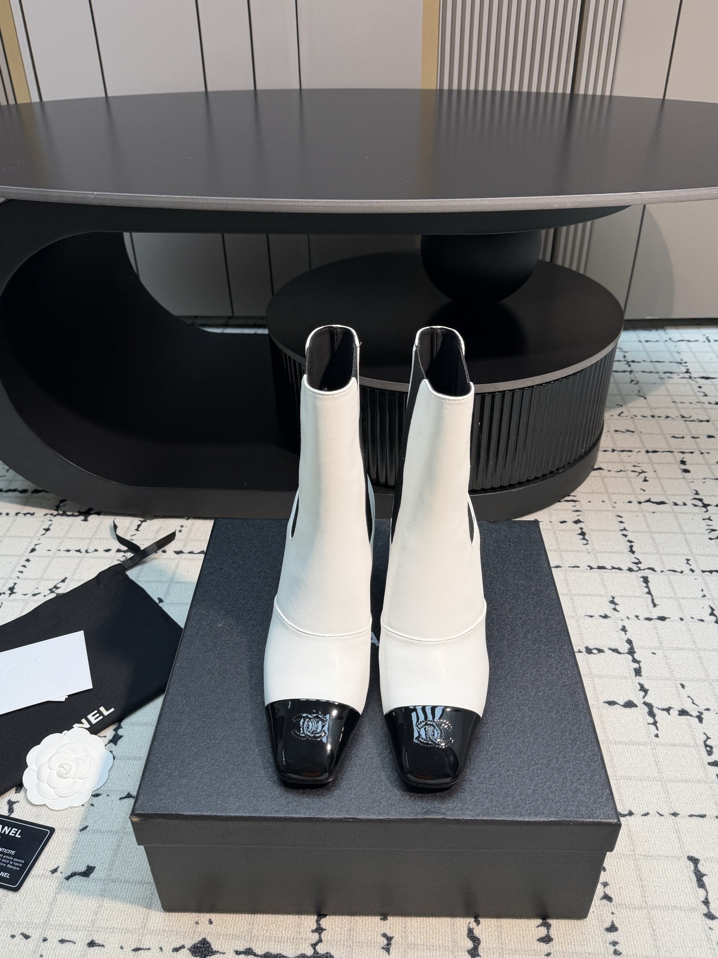 Chanel White Cap-Toe Ankle Boots