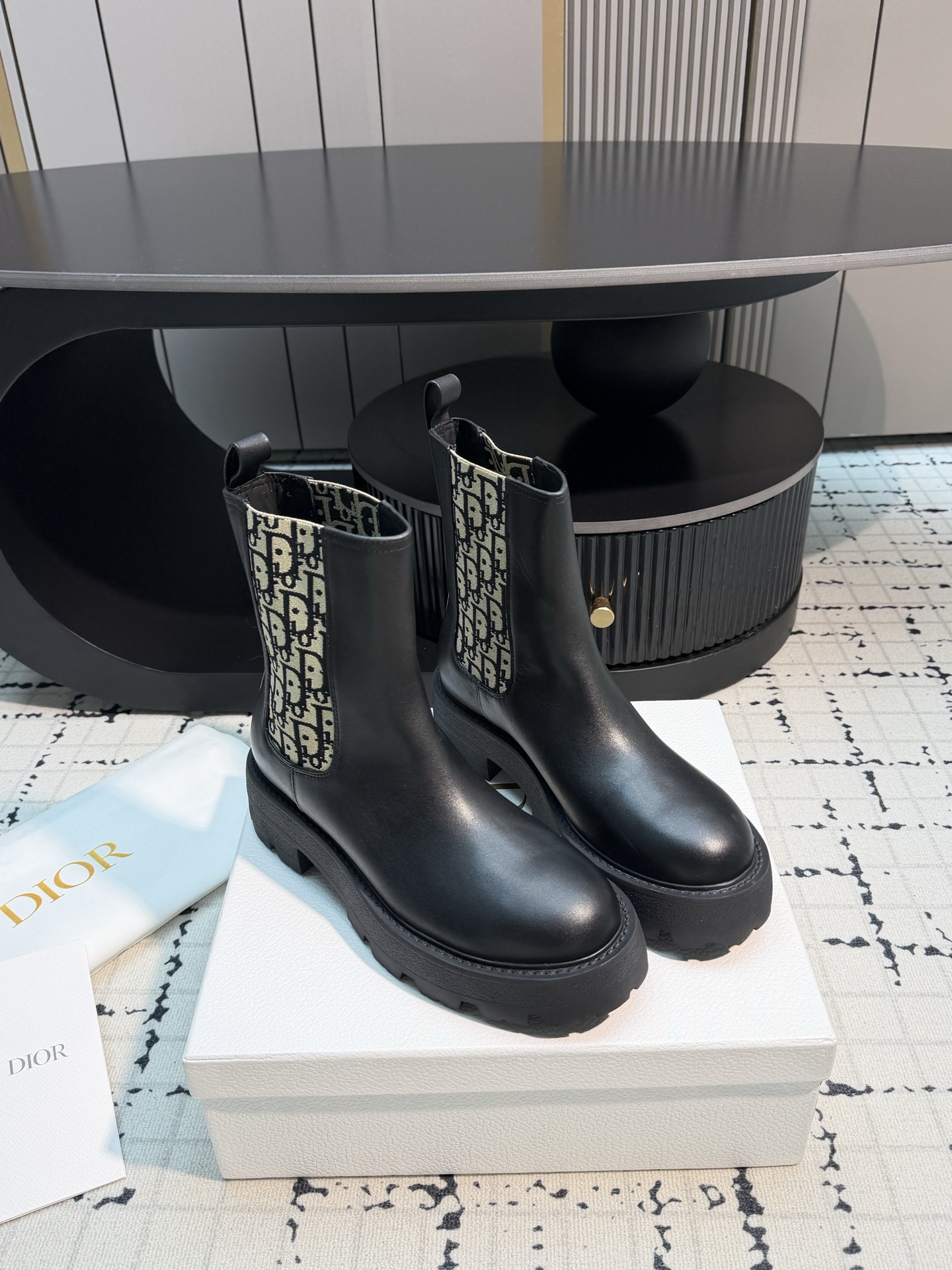 Dior Black Monogram Panel Ankle Boots