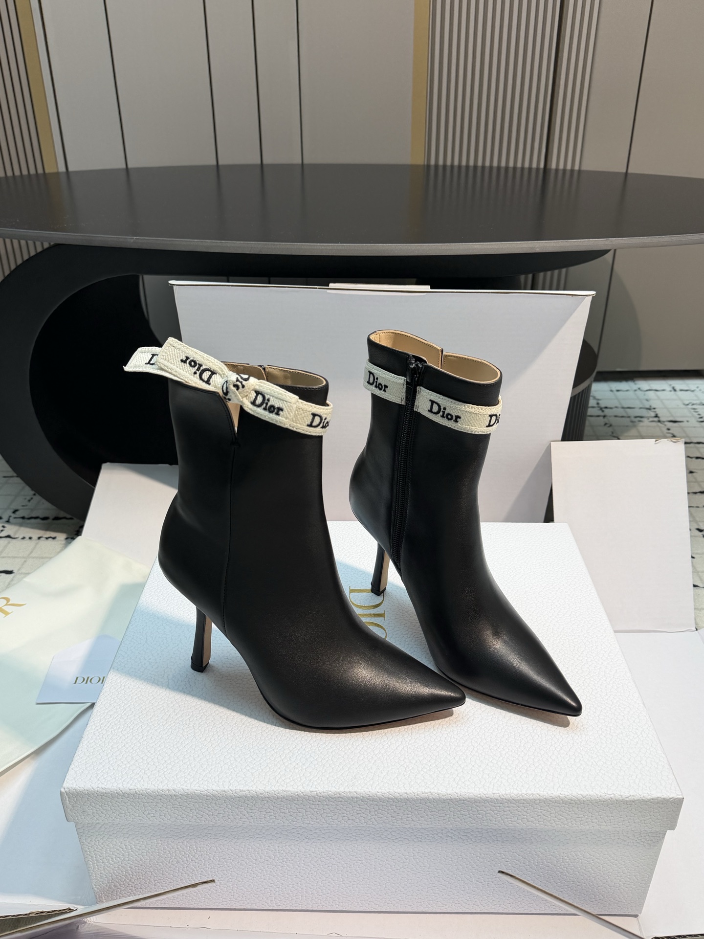 Dior Black Ribbon Pointed Ankle Boots