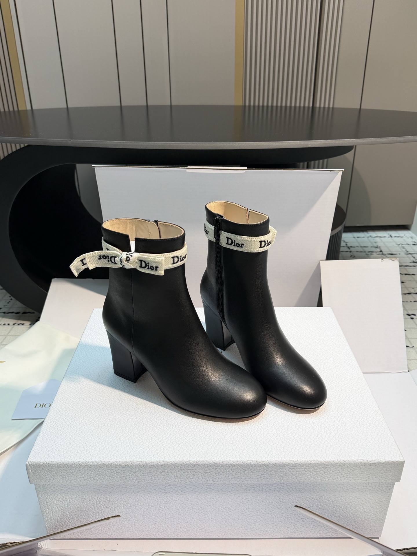 Dior Black Ribbon Heeled Ankle Boots