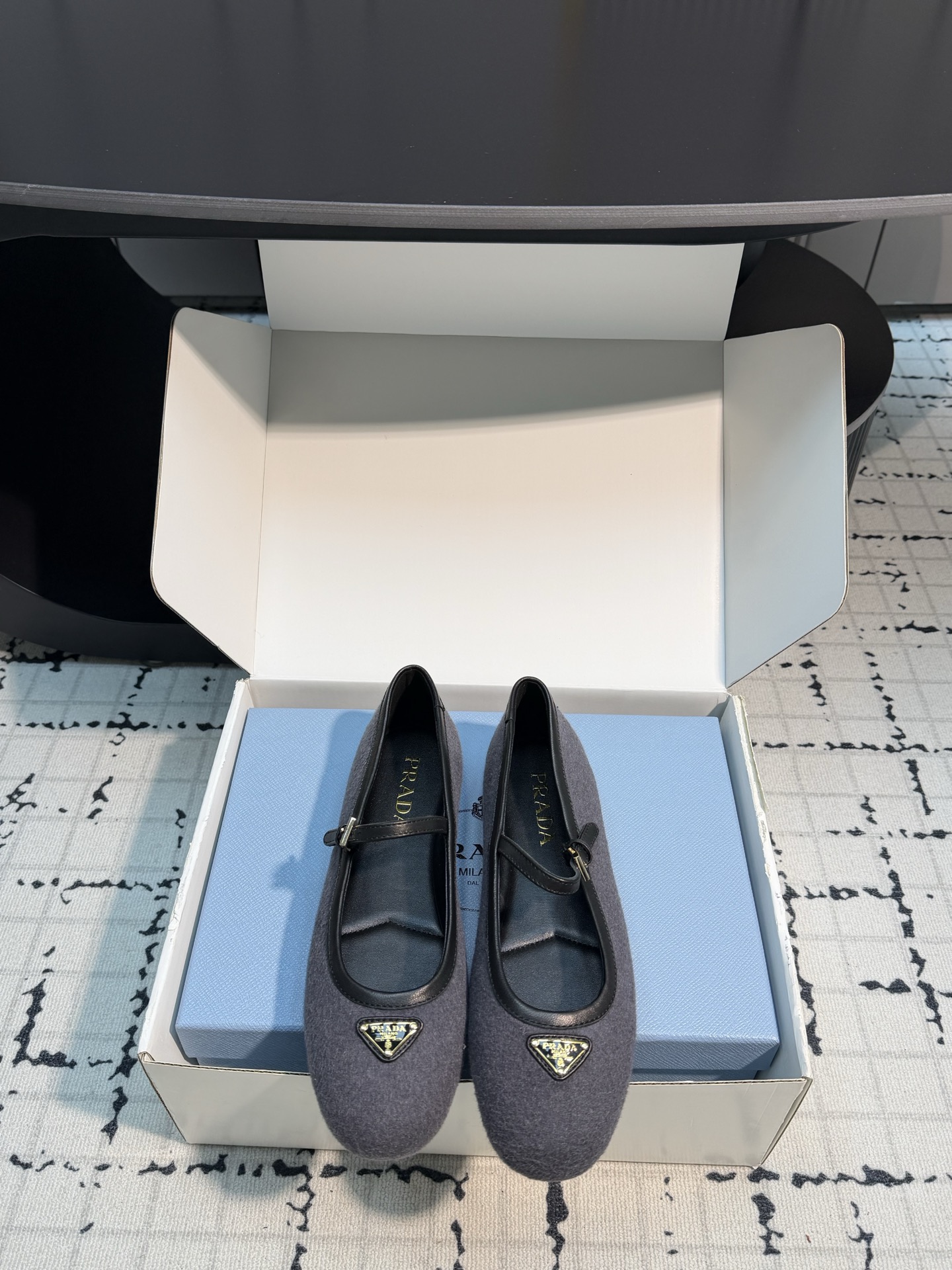 Prada Gray Textured Mary Jane Flats