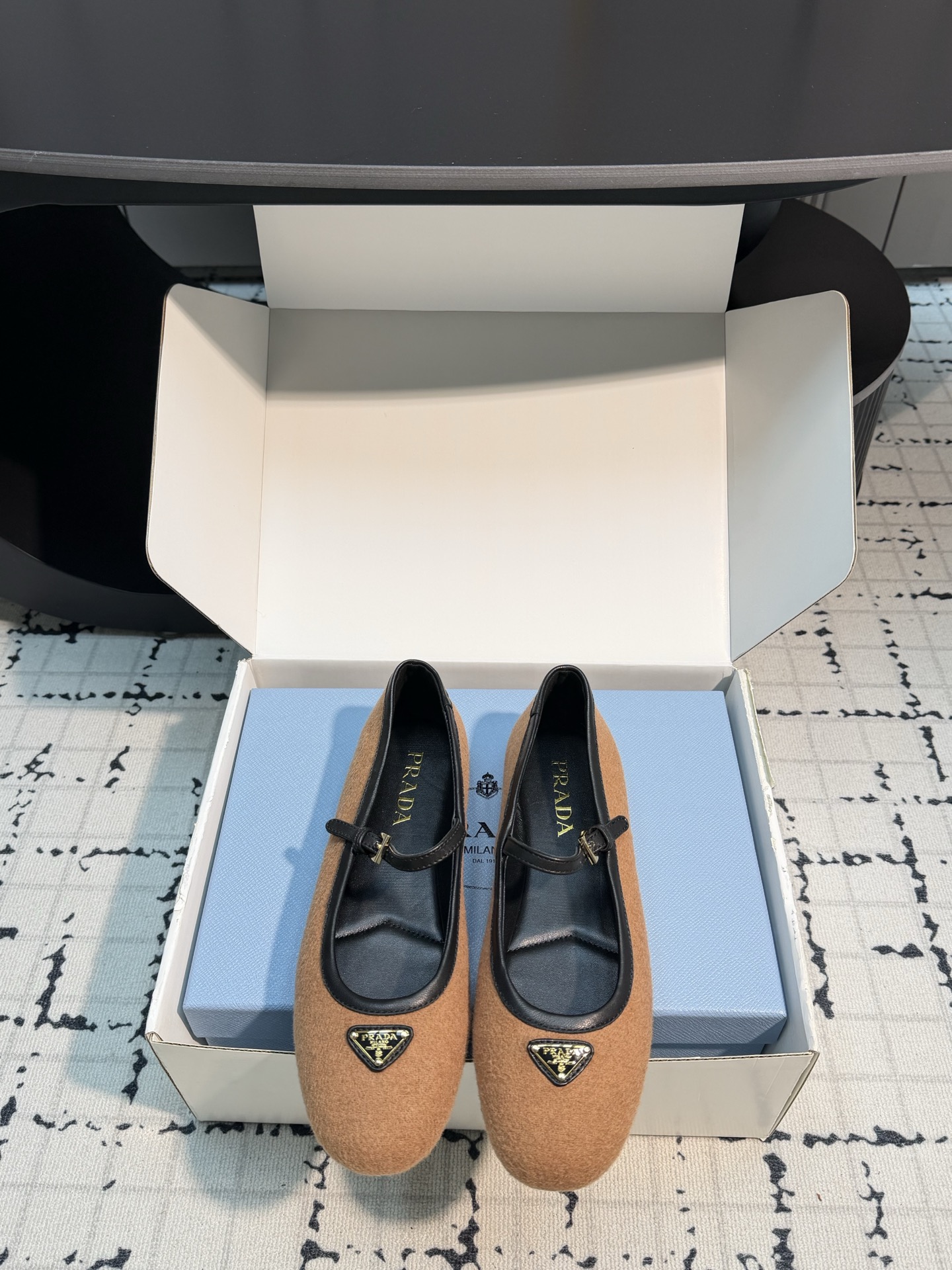 Prada Tan Textured Mary Jane Flats