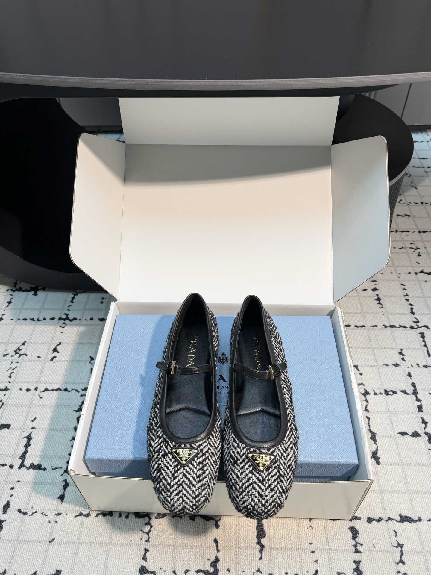 Prada Black and White Woven Mary Jane Flats