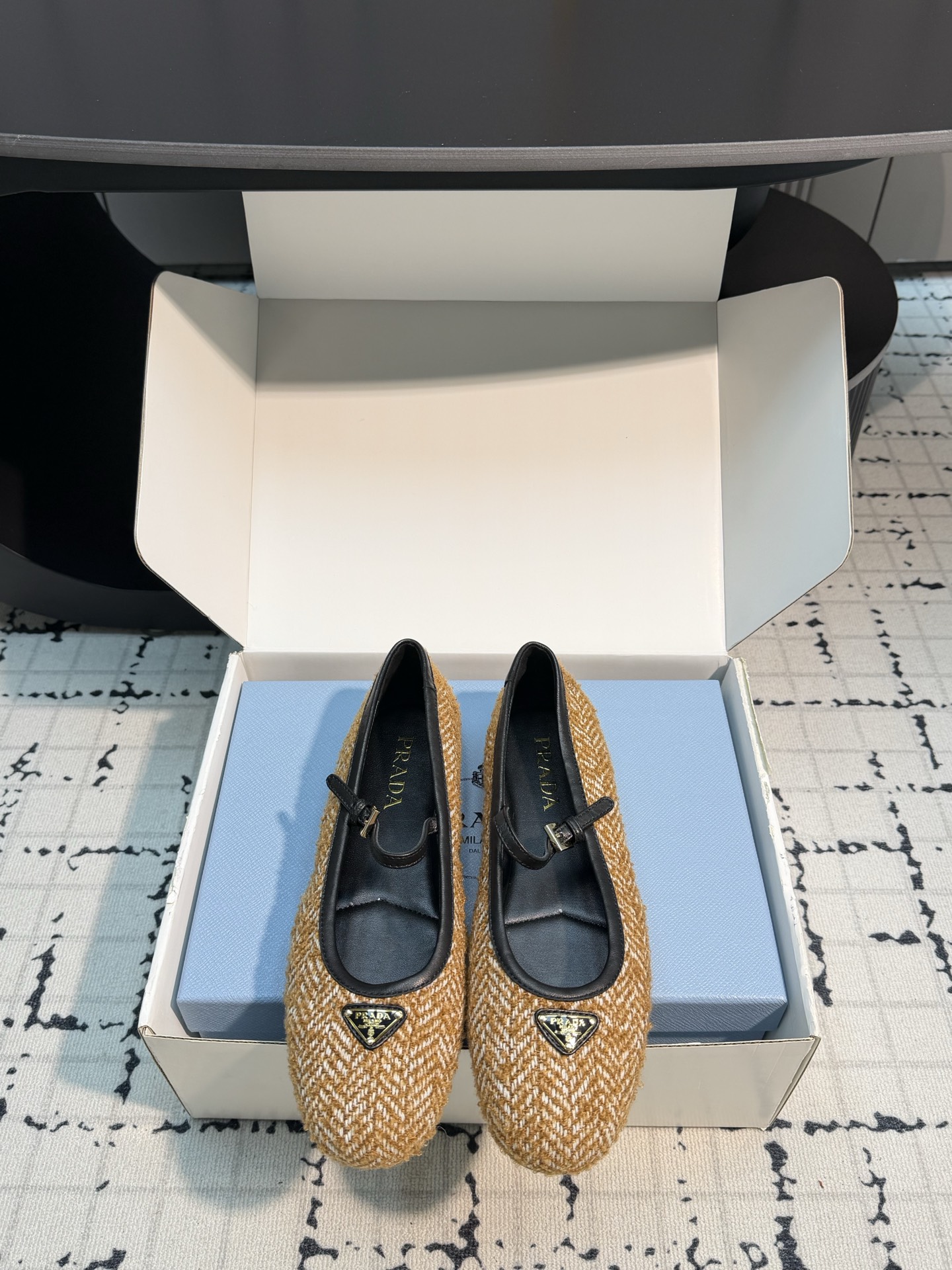 Prada Tan Woven Mary Jane Flats