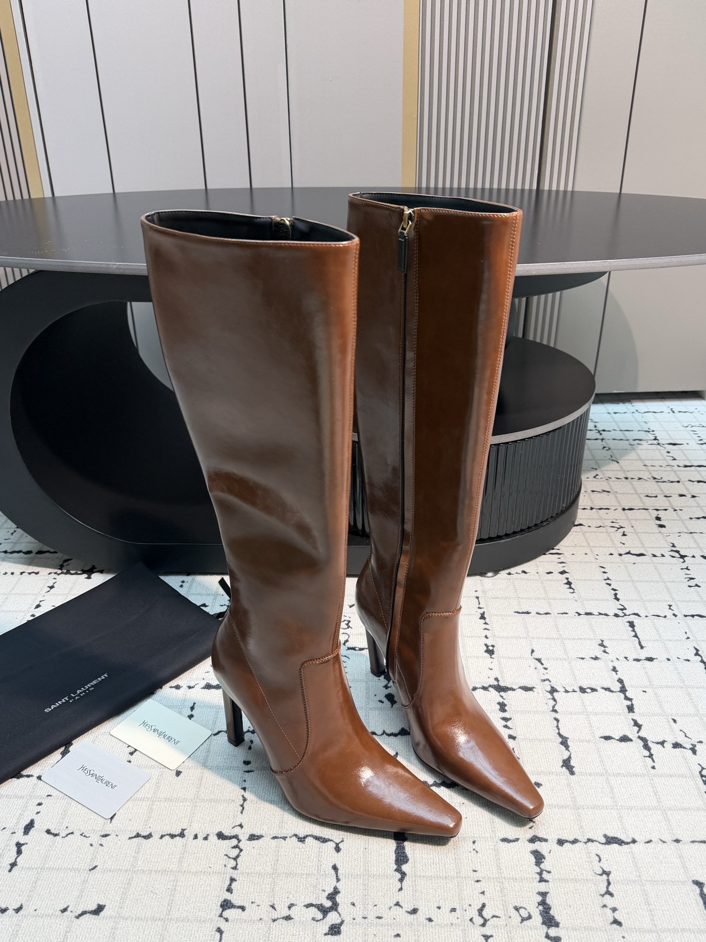 Saint Laurent Brown Pointed Knee High Boots