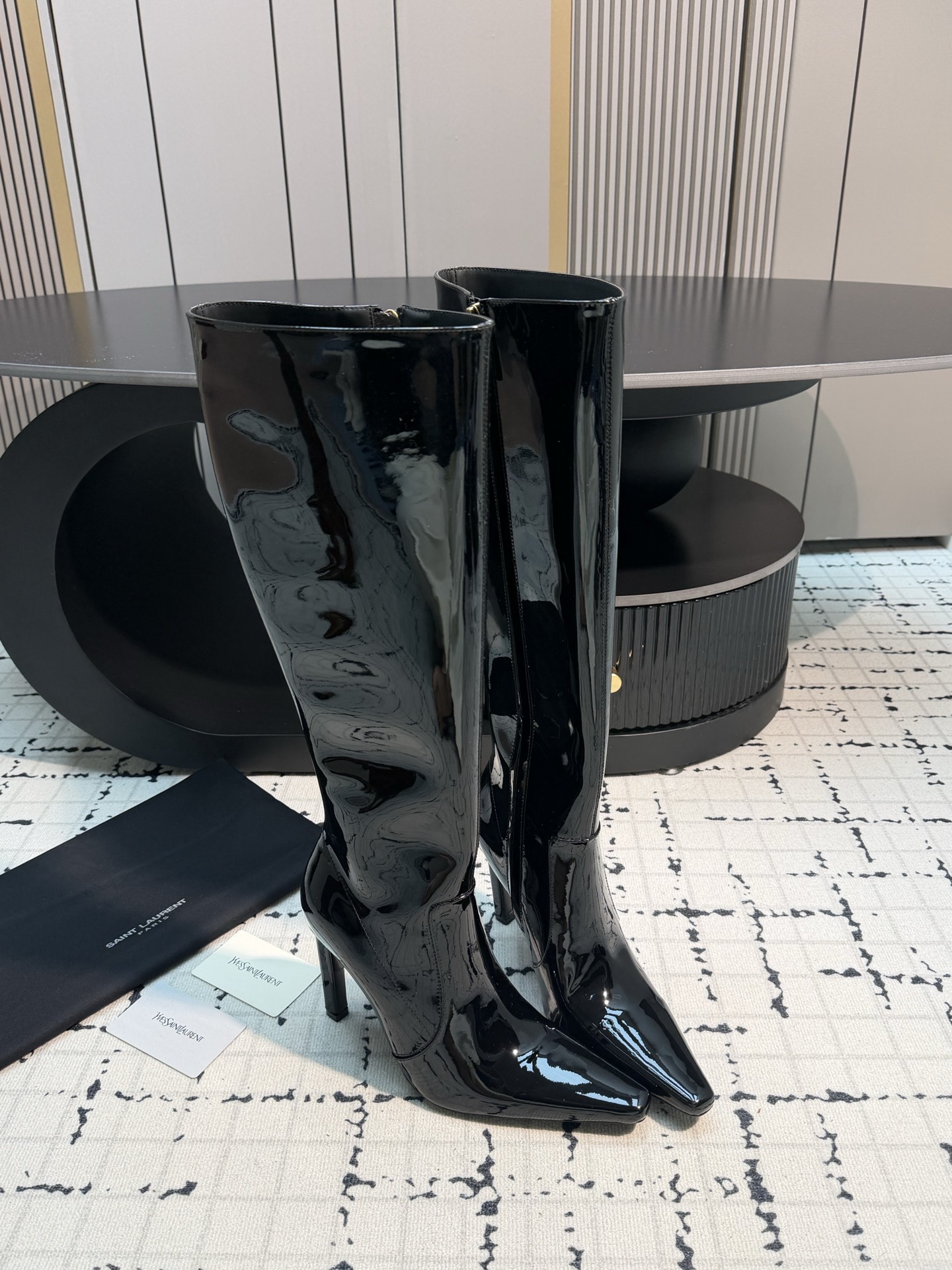 Saint Laurent Black Glossy Knee High Boots