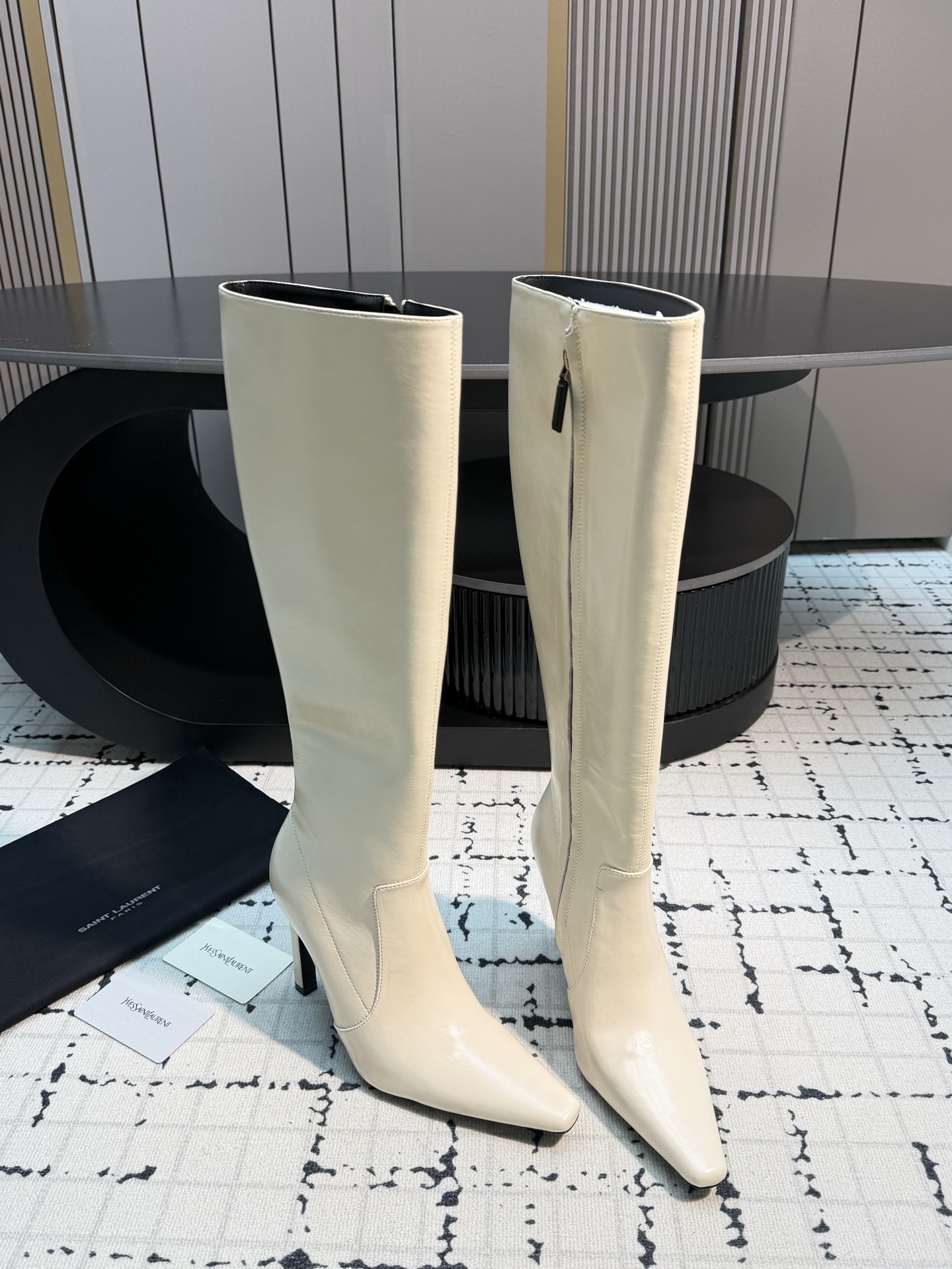 Saint Laurent White Pointed Knee High Boots