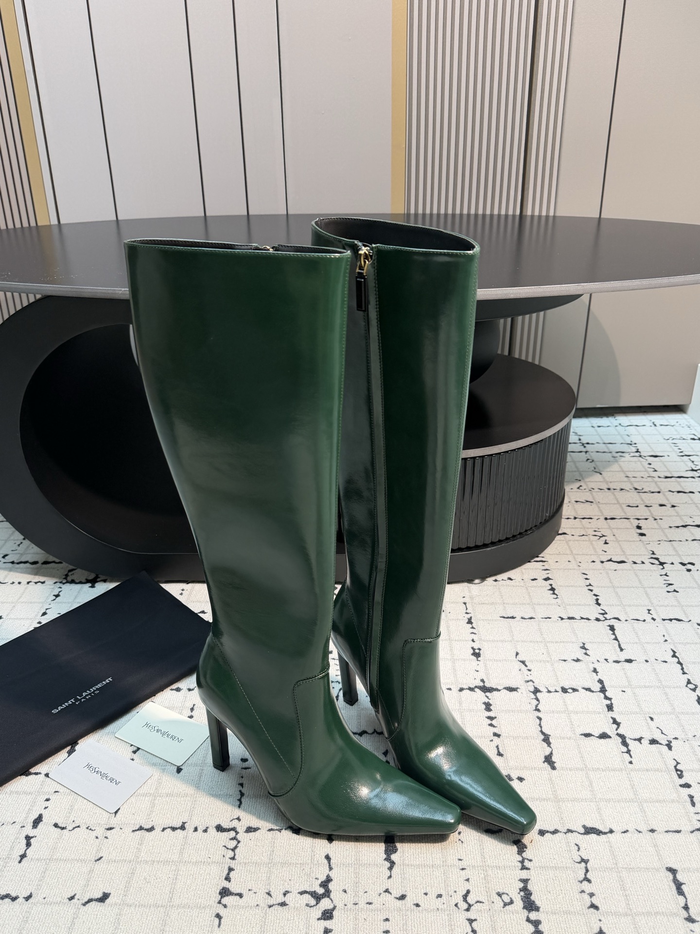 Saint Laurent Green Pointed Knee High Boots