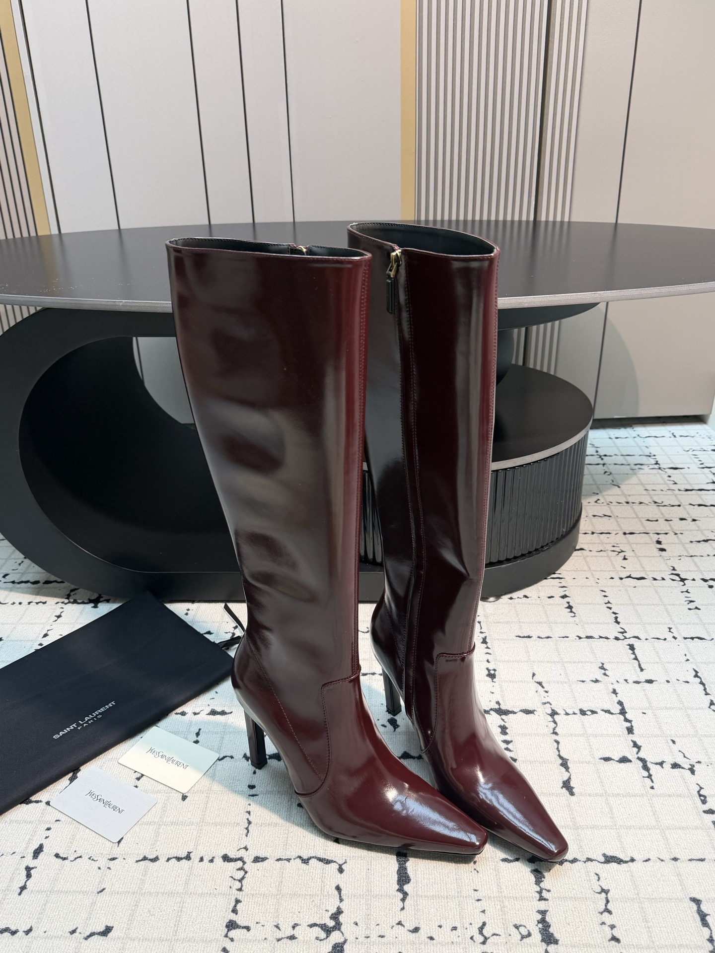 Saint Laurent Burgundy Glossy Knee High Boots