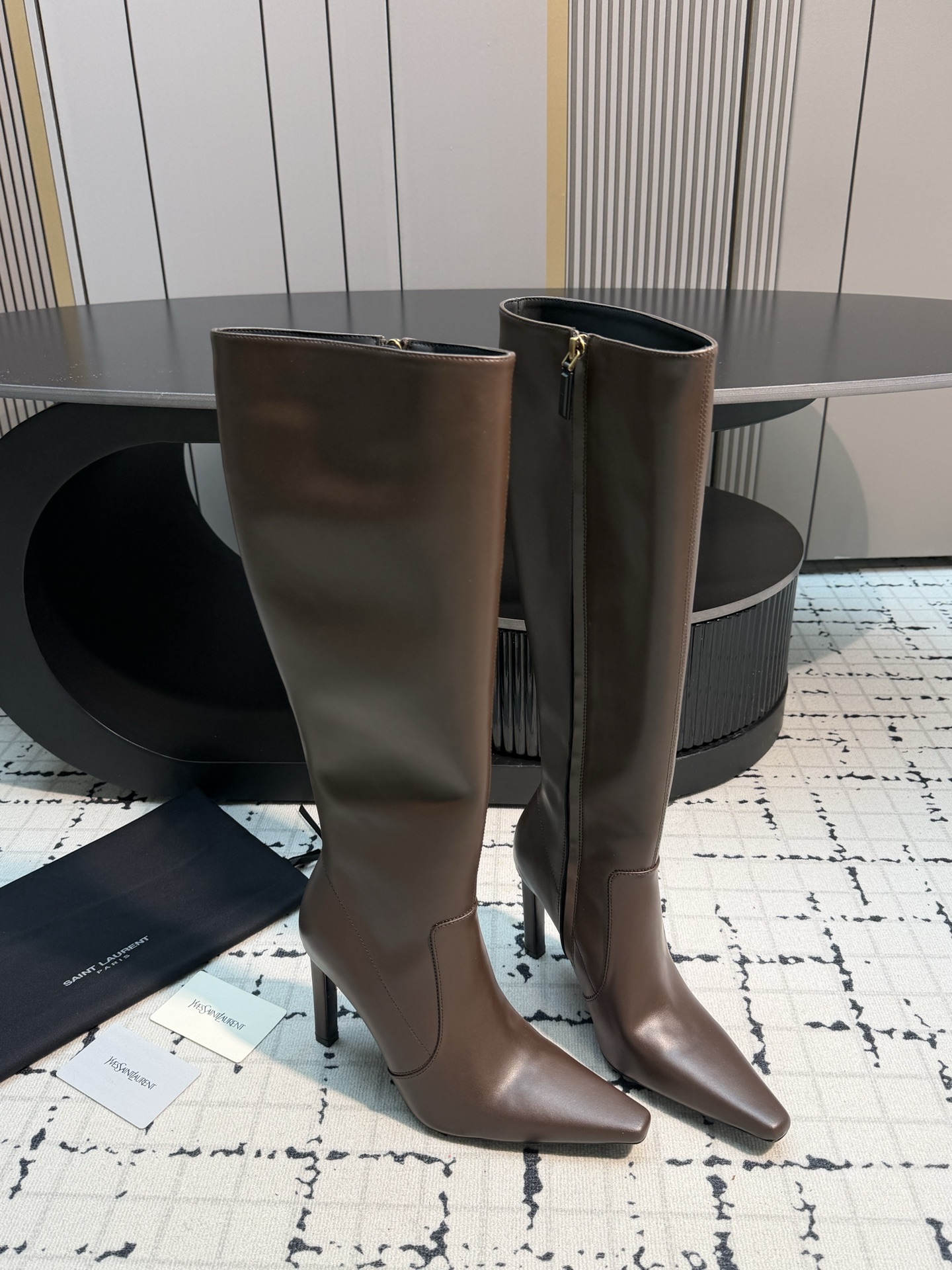 Saint Laurent Brown Pointed Knee High Boots