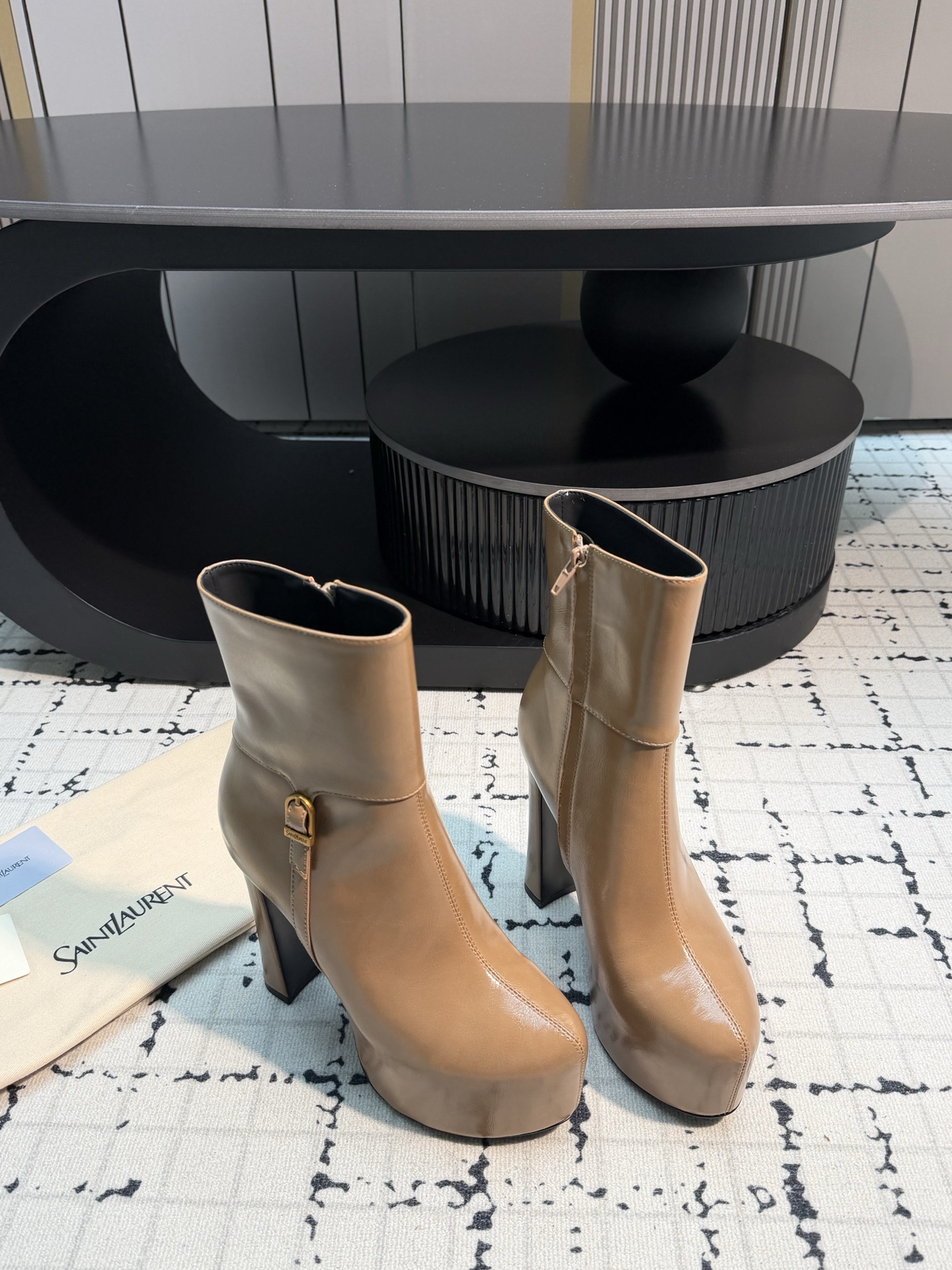 Saint Laurent Beige Buckle Platform Ankle Boots