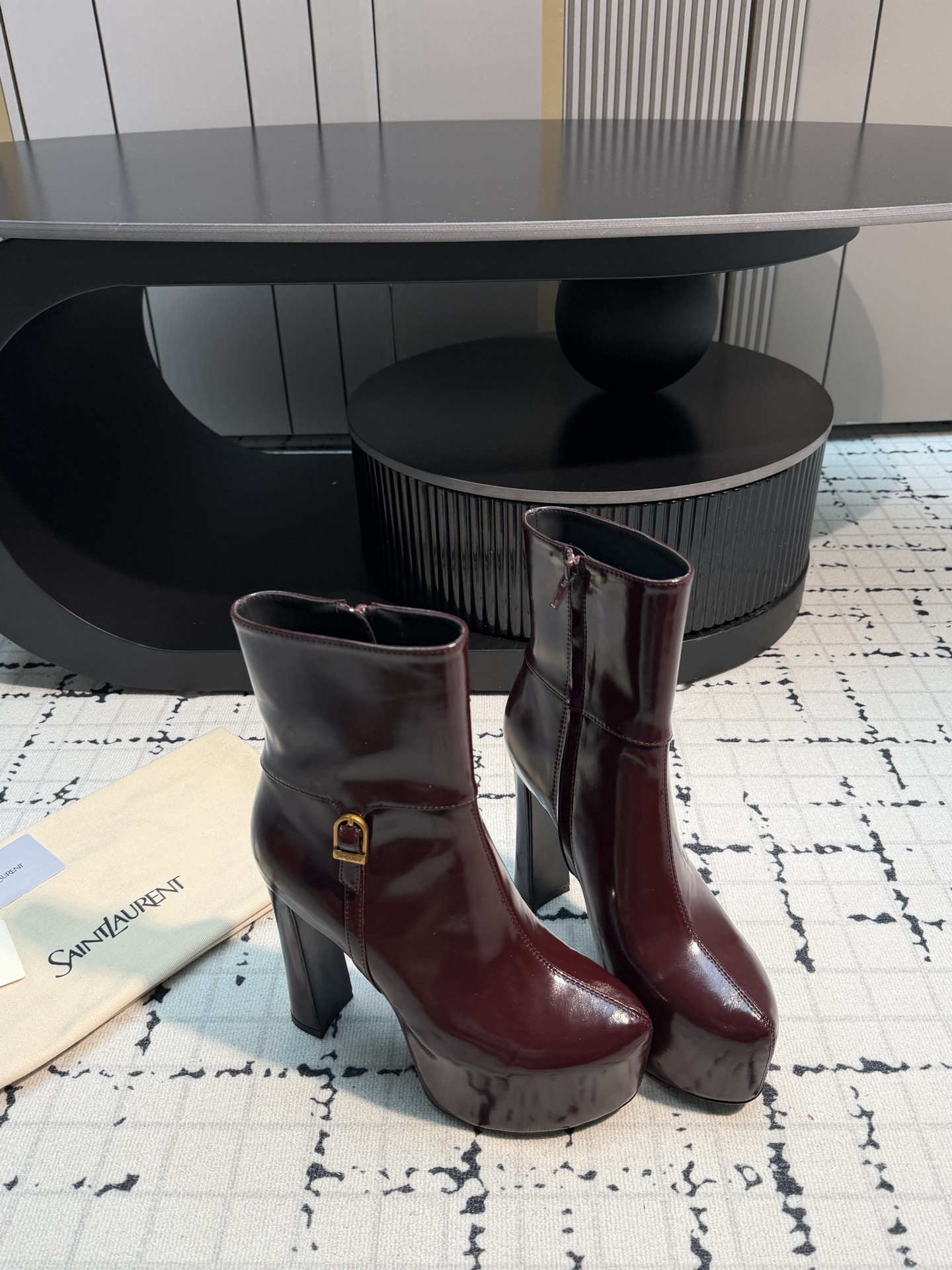Saint Laurent Burgundy Buckle Platform Ankle Boots