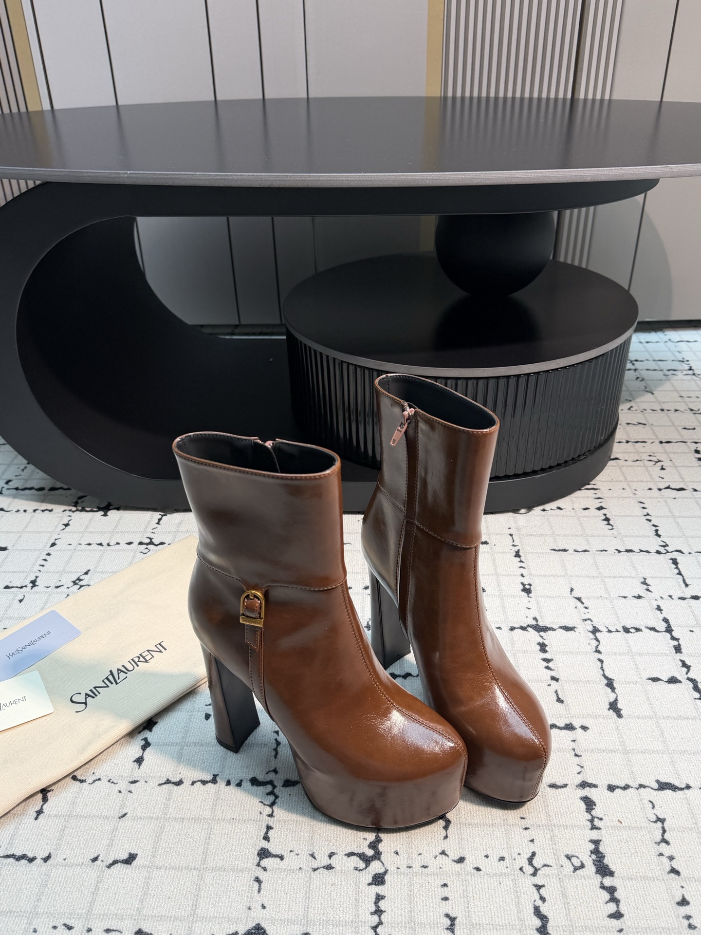 Saint Laurent Brown Buckle Platform Ankle Boots