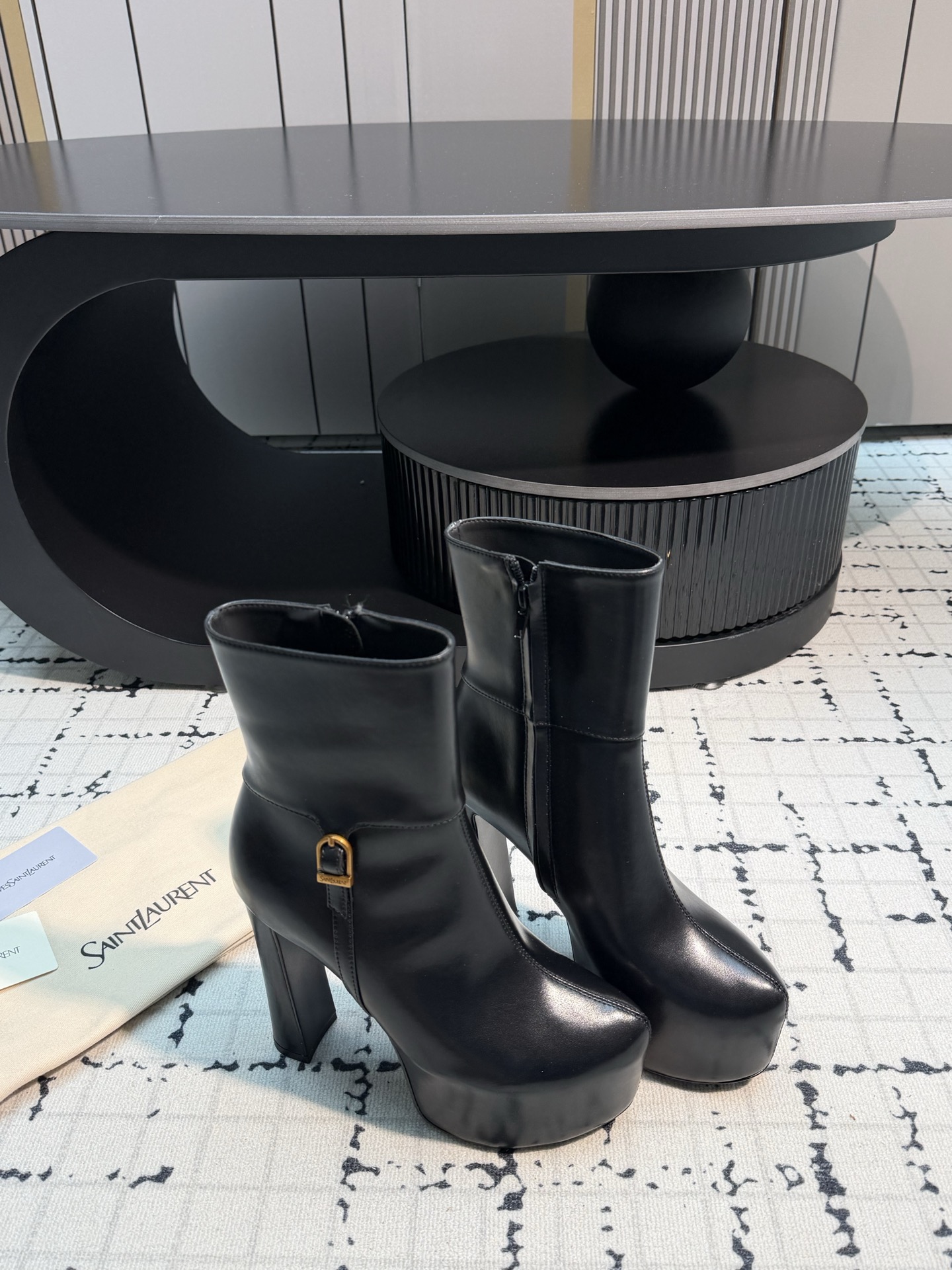 Saint Laurent Black Buckle Platform Ankle Boots