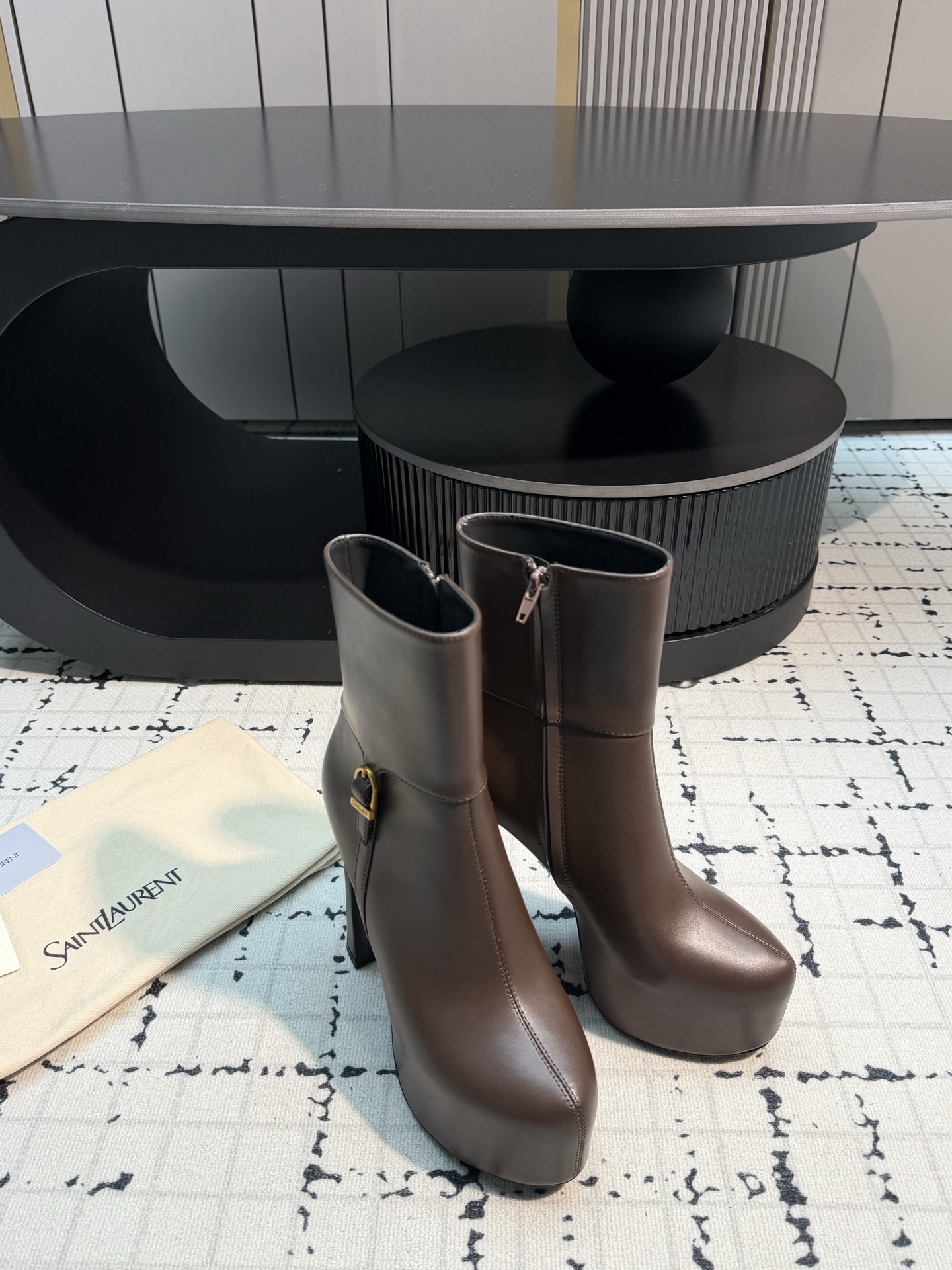 Saint Laurent Dark Brown Buckle Platform Boots