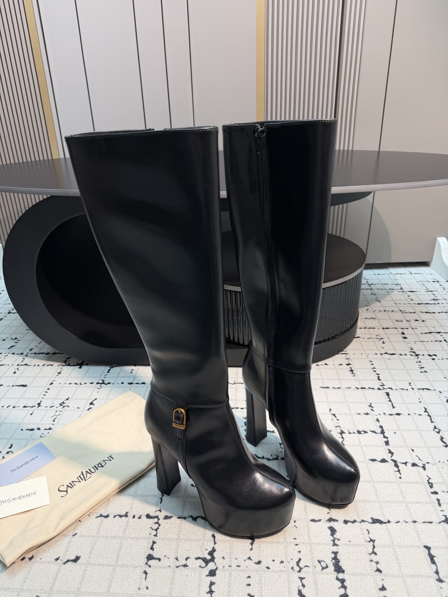 Saint Laurent Black Buckle Platform Tall Boots