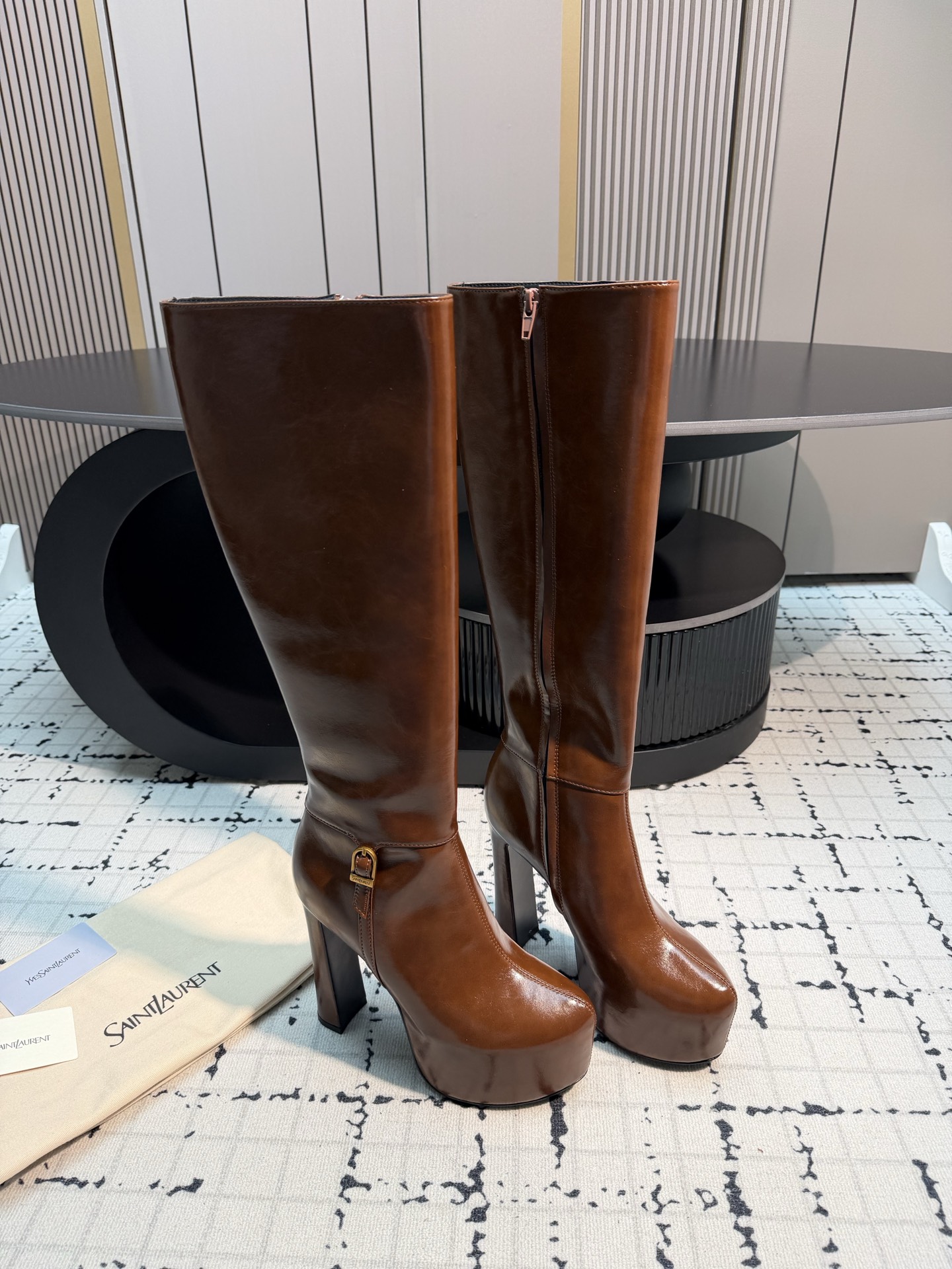 Saint Laurent Brown Buckle Platform Tall Boots